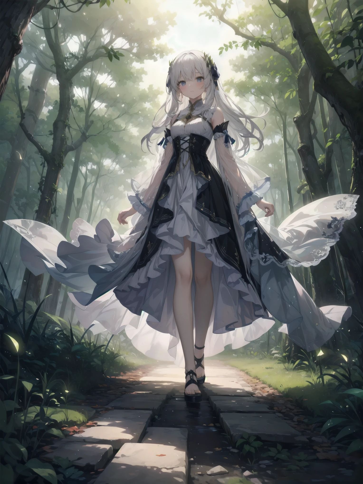 FS, an albino girl with perfect 10 features and long black Rapunzel-like hair, stands in a picturesque Avatar-like scene. Her body is graceful with a petite bust and slender legs. The girl looks stunning in a sheer organza dress with intricate designs. Her high-heeled shoes are elegant with golden patterns. The sunlight creates a subtle silhouette around her contours from the back, while soft and filling light illuminates her from the front. This scene has photorealistic qualities and is a concept art that creates a wow effect of:2. It can be found on the website 500px with hyper-superior details of:2. --auto --s2