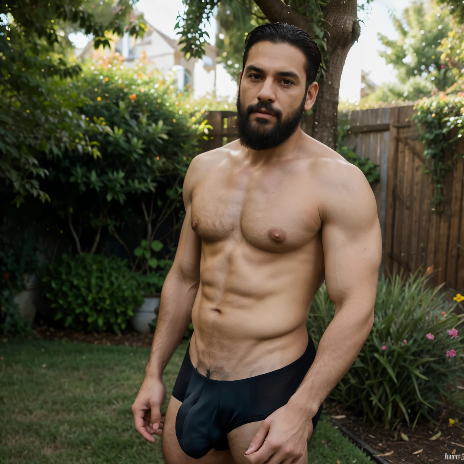 a latin man, ugly face, very ugly face, beard, straight short gray hair,mature man, geay hir, light brown skin, 50 years old, on garden, shirtless, full black color male briefs boxer underwear full black color, tall, hairy body, alpha male, ugly face.