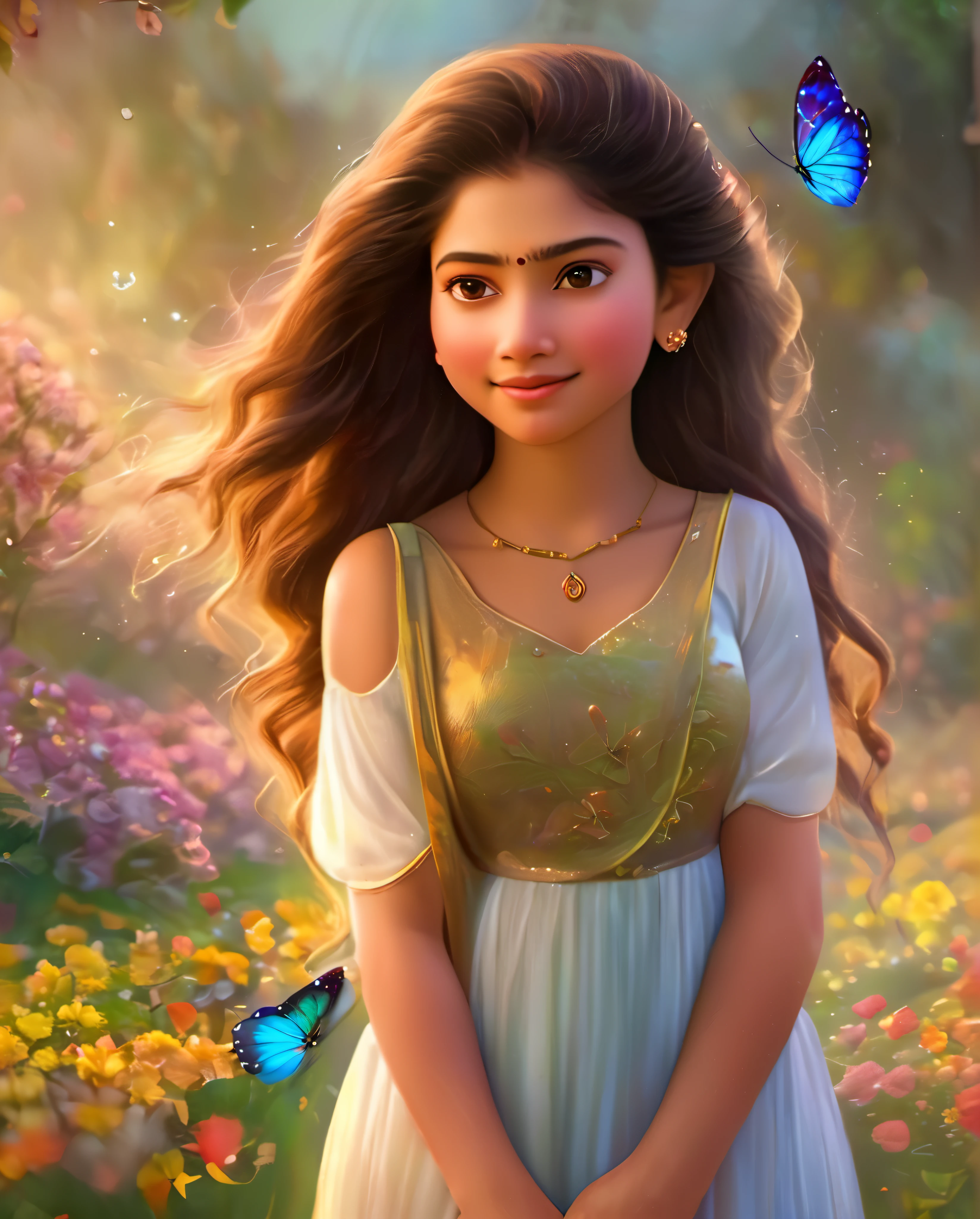 Looks like Sai Pallavi, 1girl, solo, full body, (masterpiece:1.21), (best quality:1.2), colorful, (illustration:1.2), (cinematic lighting:1.1), (bare shoulders:1.21), (collarbone:1.21)
In this whimsical and fantastical garden, the scene is illuminated by a rainbow of (colorful fireflies), dancing and fluttering in the air. The garden is decorated by a gentle (drizzle), creating a misty and ethereal atmosphere. In the center of the scene, there is a single girl, an extremely delicate and beautiful girl, with cute features and an innocent expression. Her long hair is flowing with the wind. She is wearing no shoulder straps dress, which is ultra low cut, highlighting her delicate curves.

The lighting is very delicate and beautiful, creating a soft and warm glow that highlights the water, making it sparkle like diamonds. The finest grass is also illuminated, creating a lush and verdant carpet. The garden is surrounded by colorful flower fields, with blooms of every color and shape. (Colorful butterflies), of every shade and size, can be seen fluttering around the scene, adding to the overall sense of wonder and magic. (look ai viewer),A blush can be seen on her nose, and her mouth is slightly open, adding to the overall sense of innocence and youthfulness. Falling petals can be seen floating around her, adding to the overall sense of romance and beauty. A gentle wind is blowing through the scene, making the leaves rustle and the flowers sway, adding to the overall sense of movement and life. This is a scene of pure wonder and magic, filled with color and beauty, where the viewer can lose themselves in the enchanting and captivating world.