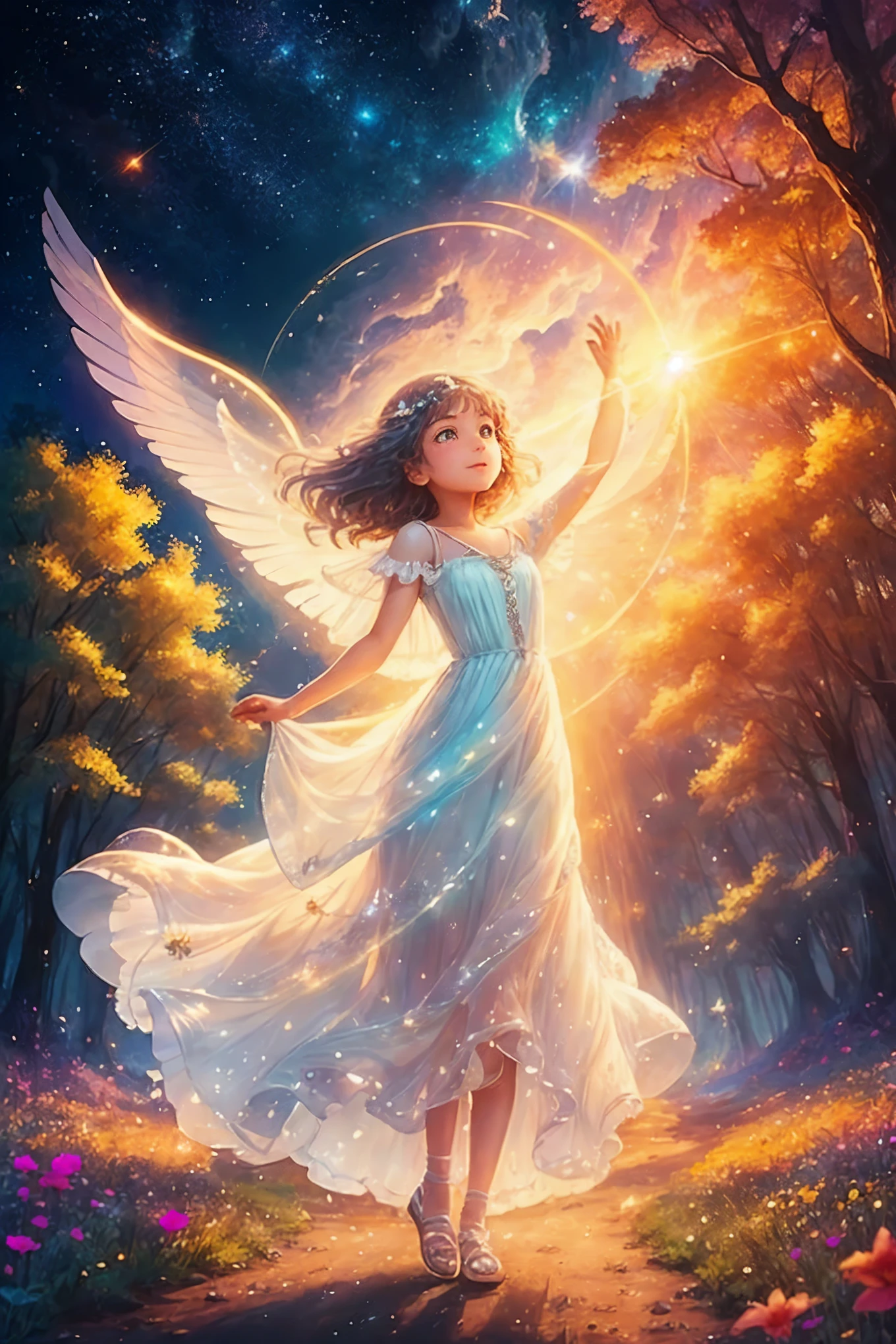 Picture a young girl with delicate wings, shimmering like gossamer, spread wide behind her. Her frame is adorned in a flowy, diaphanous dress that catches the wind as she soars through the sky, leaving a trail of stardust in her wake. Her face is the picture of innocent joy, her eyes sparkling with wonder and excitement. The sun casts its golden rays upon her, bathing her in a celestial glow that makes her appear as if she's been plucked straight from a dream. The scenery below reveals a lush, colorful landscape, dotted with wildflowers and vibrant trees as far as the eye can see.