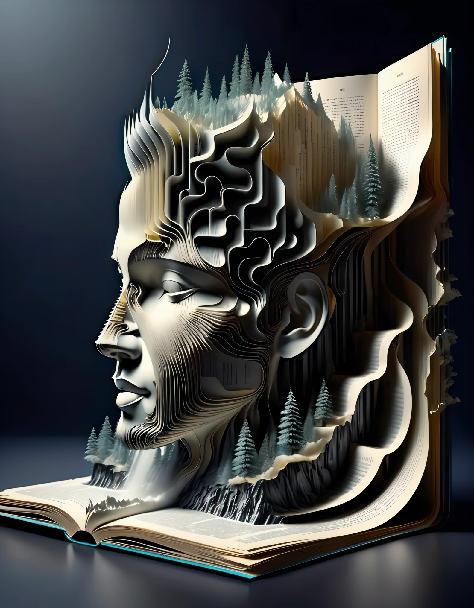 in style of pop-up book design, beautiful detailed，cover magazine，Photography, macro photography, glass newspaper cover magazines stand with a 3D three-dimensional man,A waterfall of words flashed from his mouth，文字 flat black and white newspaper text, depth of field, DSLR, complex details, studio lighting, 8k, HD, futuristic science fiction magazines, screen magazines, cyberpunk art, 3D book art, background: a table in the futuristic science fiction world，