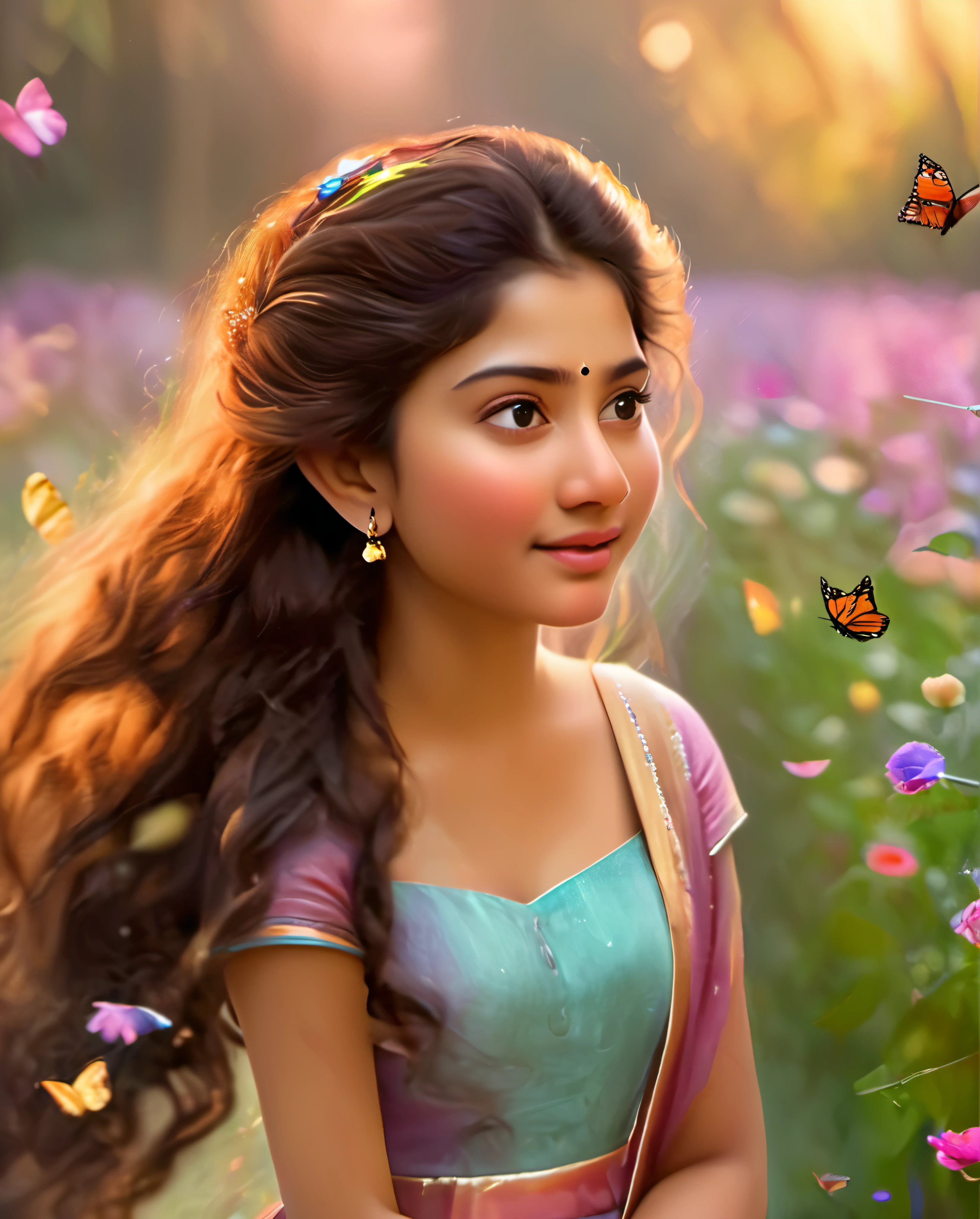 Looks like Sai Pallavi, 1girl, solo, full body, (masterpiece:1.21), (best quality:1.2), colorful, (illustration:1.2), (cinematic lighting:1.1), (bare shoulders:1.21), (collarbone:1.21)
In this whimsical and fantastical garden, the scene is illuminated by a rainbow of (colorful fireflies), dancing and fluttering in the air. The garden is decorated by a gentle (drizzle), creating a misty and ethereal atmosphere. In the center of the scene, there is a single girl, an extremely delicate and beautiful girl, with cute features and an innocent expression. Her long hair is flowing with the wind. She is wearing no shoulder straps dress, which is ultra low cut, highlighting her delicate curves.

The lighting is very delicate and beautiful, creating a soft and warm glow that highlights the water, making it sparkle like diamonds. The finest grass is also illuminated, creating a lush and verdant carpet. The garden is surrounded by colorful flower fields, with blooms of every color and shape. (Colorful butterflies), of every shade and size, can be seen fluttering around the scene, adding to the overall sense of wonder and magic. (look ai viewer),A blush can be seen on her nose, and her mouth is slightly open, adding to the overall sense of innocence and youthfulness. Falling petals can be seen floating around her, adding to the overall sense of romance and beauty. A gentle wind is blowing through the scene, making the leaves rustle and the flowers sway, adding to the overall sense of movement and life. This is a scene of pure wonder and magic, filled with color and beauty, where the viewer can lose themselves in the enchanting and captivating world.