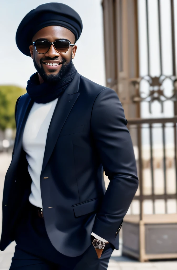 master part, best quality,8K wallpaper,(Realistic:1.3),photorealistic, octan render,(hyper-realistic:1.2),
ultra-detailed, best illumination, best shadow, smiling face of a black man, background of the eiffel tower, classic Parisian chic attire with a tailored blazer, striped Breton top, slim-fit trousers, and leather loafers, accessorize with a beret and a stylish scarf, curly high top fade