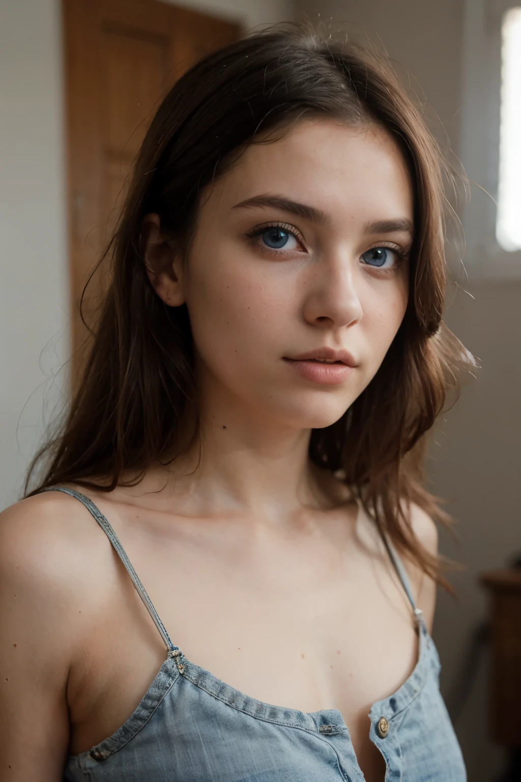 ((best quality)), ((masterpiece)), (detailed), perfect face, age about 20 years old, 1 girl, passport photo, straight photo, serious face, looking into the camera, blue eyes, brown hair, flowing long hair, photo