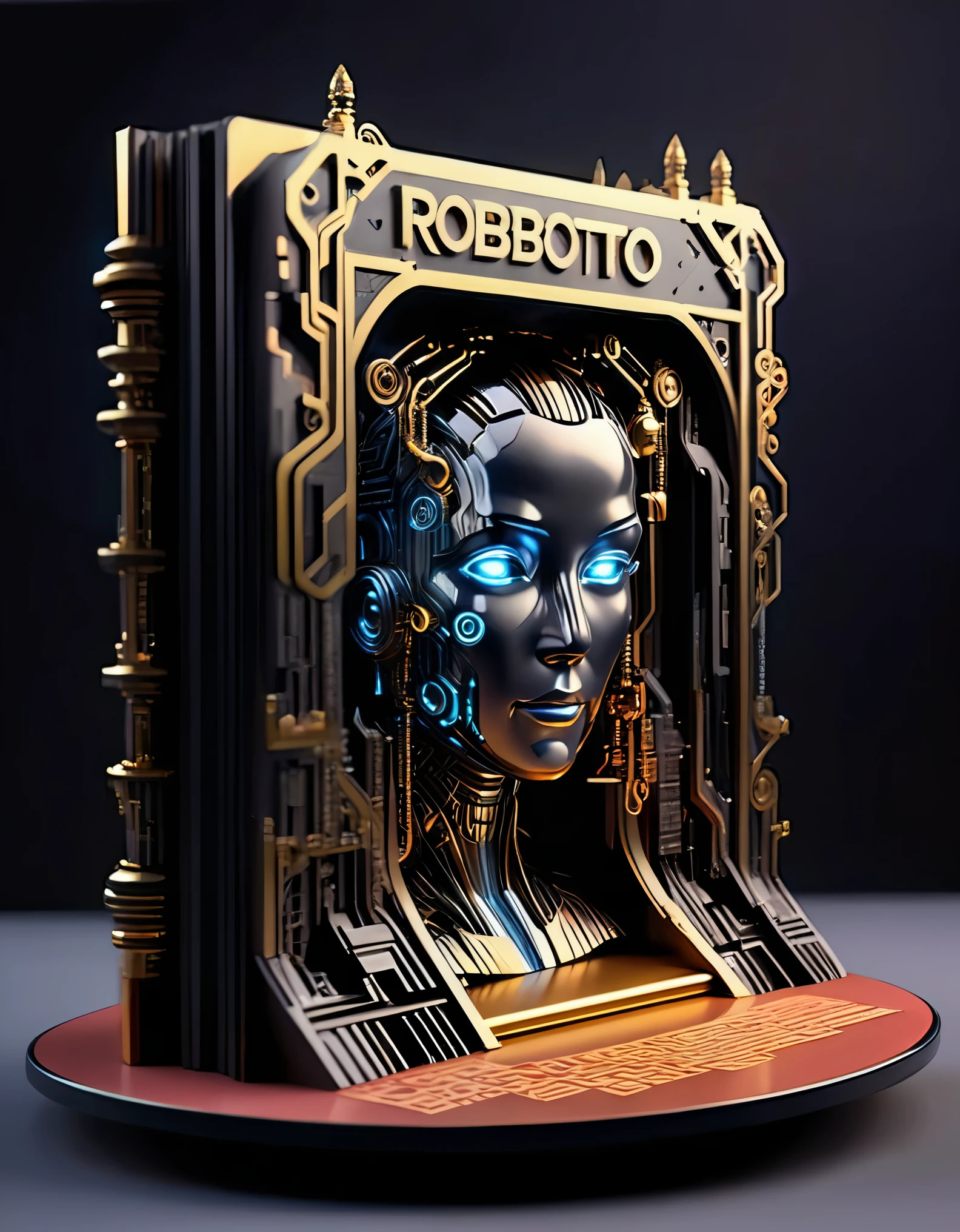 in style of pop-up book design, roboto character, beautiful detailed,cover magazine,Photography, macro photography, glass newspaper cover magazines stand with a 3D three-dimensional man,A waterfall of words flashed from his mouth,文字 flat black and white newspaper text, depth of field, DSLR, complex details, studio lighting, 8k, HD, futuristic science fiction magazines, screen magazines, cyberpunk art, 3D book art, background: a table in the futuristic science fiction world,