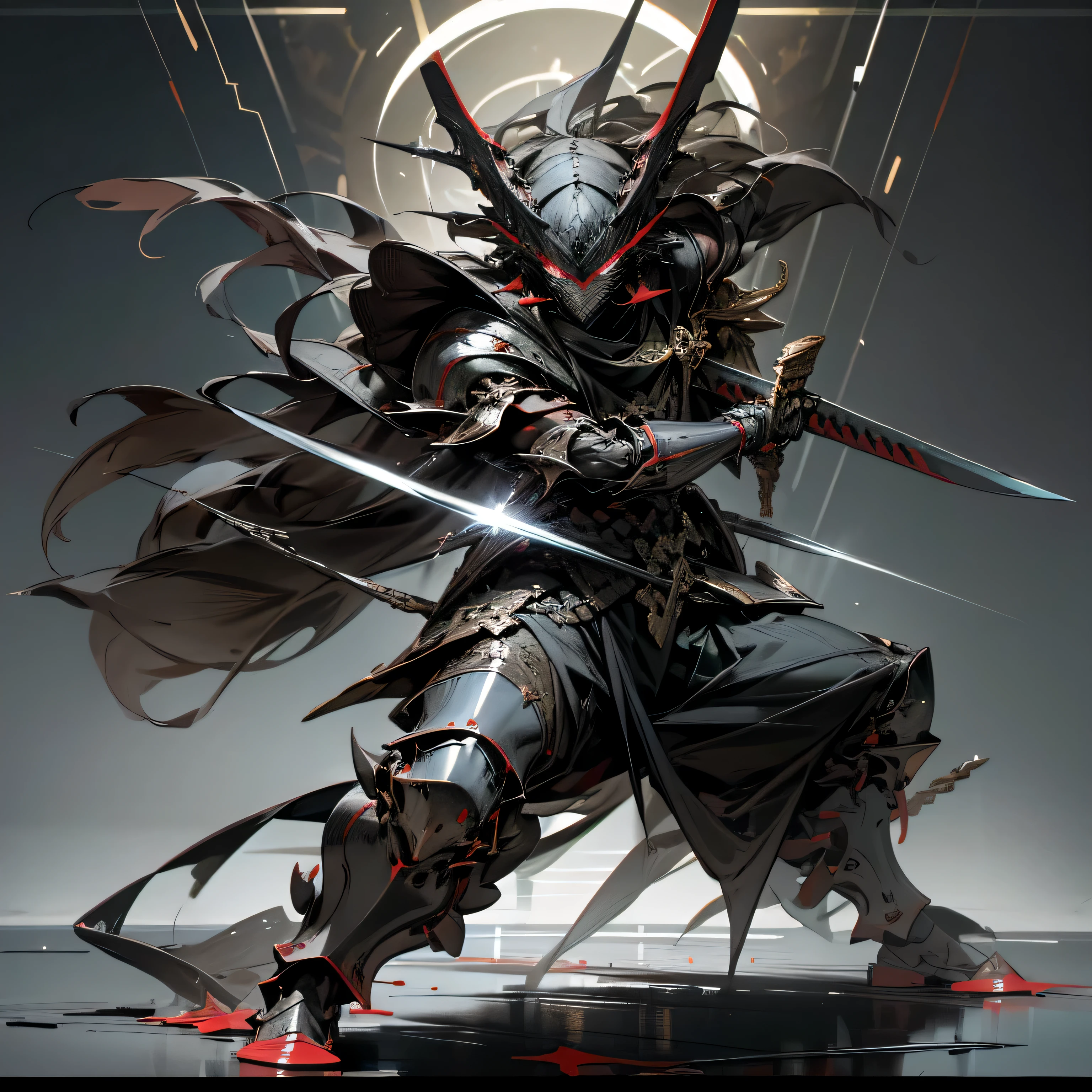 Super detailed, high resolution, very detailed, best quality, illustrations, red eyes, war, sword in both hands, rivers of blood, armor, mask, furious state, full body potrait, cinematic.