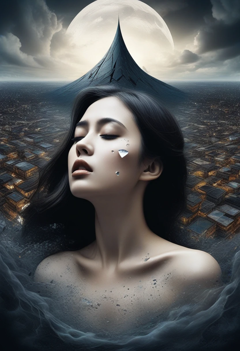 my lost world down, sink sink from cloudy sky, slim triangle face woman, crying face with tear run down my cheeks, (((tears falling down:1.3))), upper hand, fine detail silver long messy hair, detail conceptualism illustration, upper body, cracked chest brooch, intricate detail, insane tangle smoke broken, oil painting, white rococo dress, feel sad sorrowful with gaping hole, in hole eye chest wails against surreal backdrop, floating sky graffiti cube, detail textures, dark fantasy of super illustration combines beauty with conceptualism, emotional landscape capturing the essence of anguish and despair, richness of detail in the expression, emphasis intricate teardrop falling, deep colors of the graffiti elevate this image, superlative level brush work of conceptual, last matte finish render,