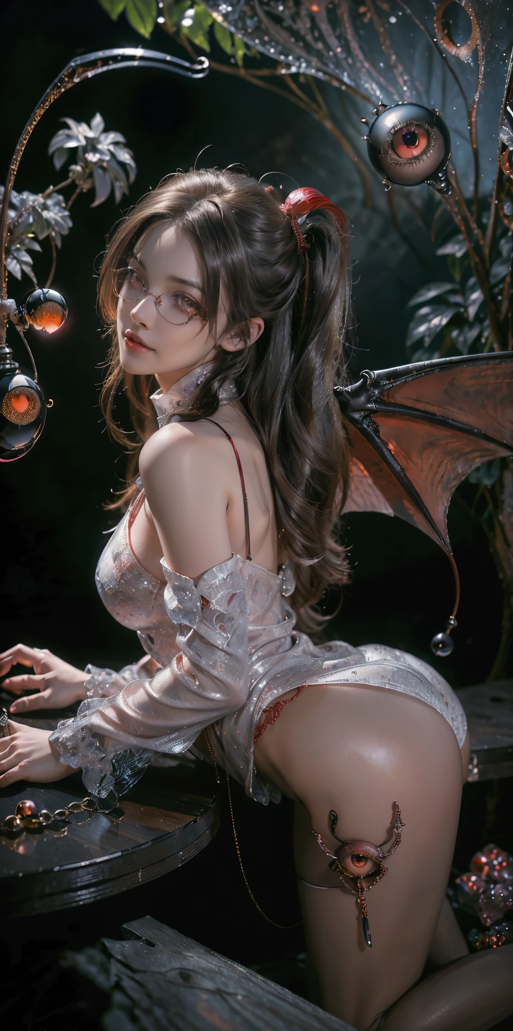 (The best illustrations)、realisitic、ultra-detailliert、The best lighting、Best Shadows、alluring succubus, ethereal beauty, perched on a cloud, (fantasy illustration:1.3), enchanting gaze, captivating pose, delicate wings, otherworldly charm, mystical sky, (Luis Royo:1.2), (Yoshitaka Amano:1.1), Dungeon and Dragon、caves、Dungeon、 A Necromancer、natta、Dark style、Succubus、Devil's Daughter、Bat Wings，(((Demon Hornlack-rimmed round glasses))))、(red eyes glowing:1.6)、​beautiful countenance、Tindall Effect、(High Detail Skins:1.2) absurderes、Ponytail distortion、jewely、Beautiful expression、Toned waist、Wide buttocks、Tindall Effectmasuter piece、top-quality、Highest Standards、Top image quality、masutepiece、intricate detailes、High resolution、Depth Field、natural soft light、profetional lighting、Great smile、(High Detail Skin: 1.2)、photorealistic anime girl render、Strong highlights of the eyes、Perfect Anatomy、crotch open、Shy、Spreading your legs、Panties are visible、Skirt flipping、Body shiny with oilerectile nipple))、8K resolution、intricate clothing、Intricate details, Sexy girl on white bed，Charming eyes，Heartwarming action，Open legs，Transparent silk pajamas ，barechested，Thick long hair，Highly detailed body，Highly detailed face