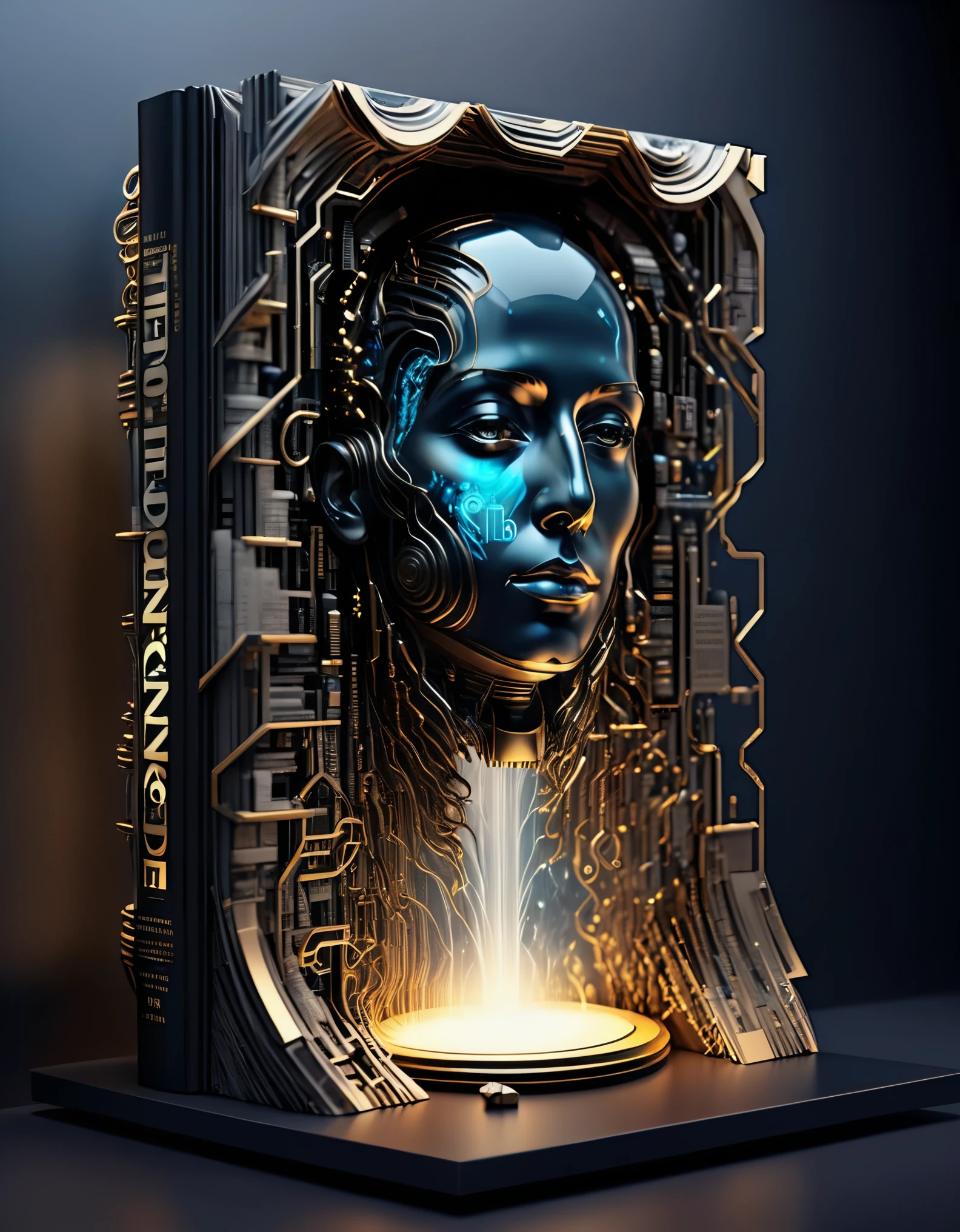 Transparent three-dimensional future magazine design，（A lot of text floating on the cover：0.85）Photography, macro photography, magazines stand with a 3D three-dimensional man,A waterfall of words flashed from his mouth，文字 flat black and white newspaper text, depth of field, DSLR, complex details, studio lighting, 8k, HD, futuristic science fiction magazines, screen magazines, cyberpunk art, 3D book art, background: a table in the futuristic science fiction world