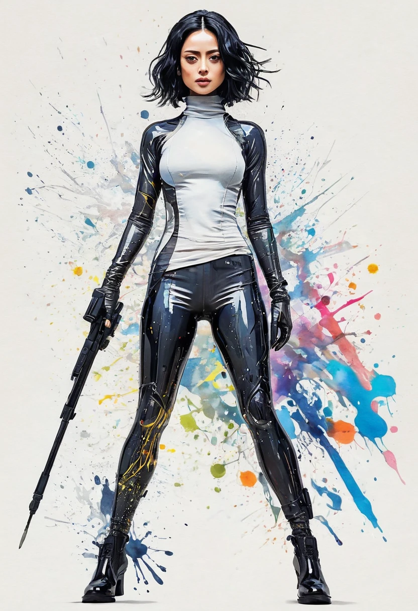 Ink Style Figure, Alita, clear style, modern art, colorful Ink style, thin Ink lines