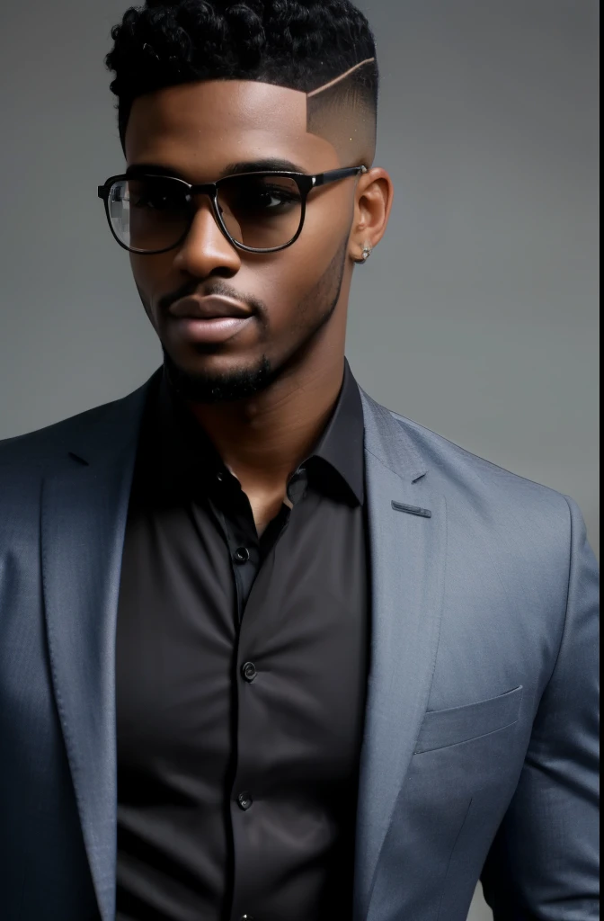 master part, best quality,8K wallpaper,(Realistic:1.3),photorealistic, octan render,(hyper-realistic:1.2),
ultra-detailed, best illumination, best shadow, smiling face of a black man, Tailored blazer paired with a crisp button-down shirt, slim-fit trousers, and polished dress shoes. Accessorize with a sleek smartwatch and modern glasses, curly high top fade,