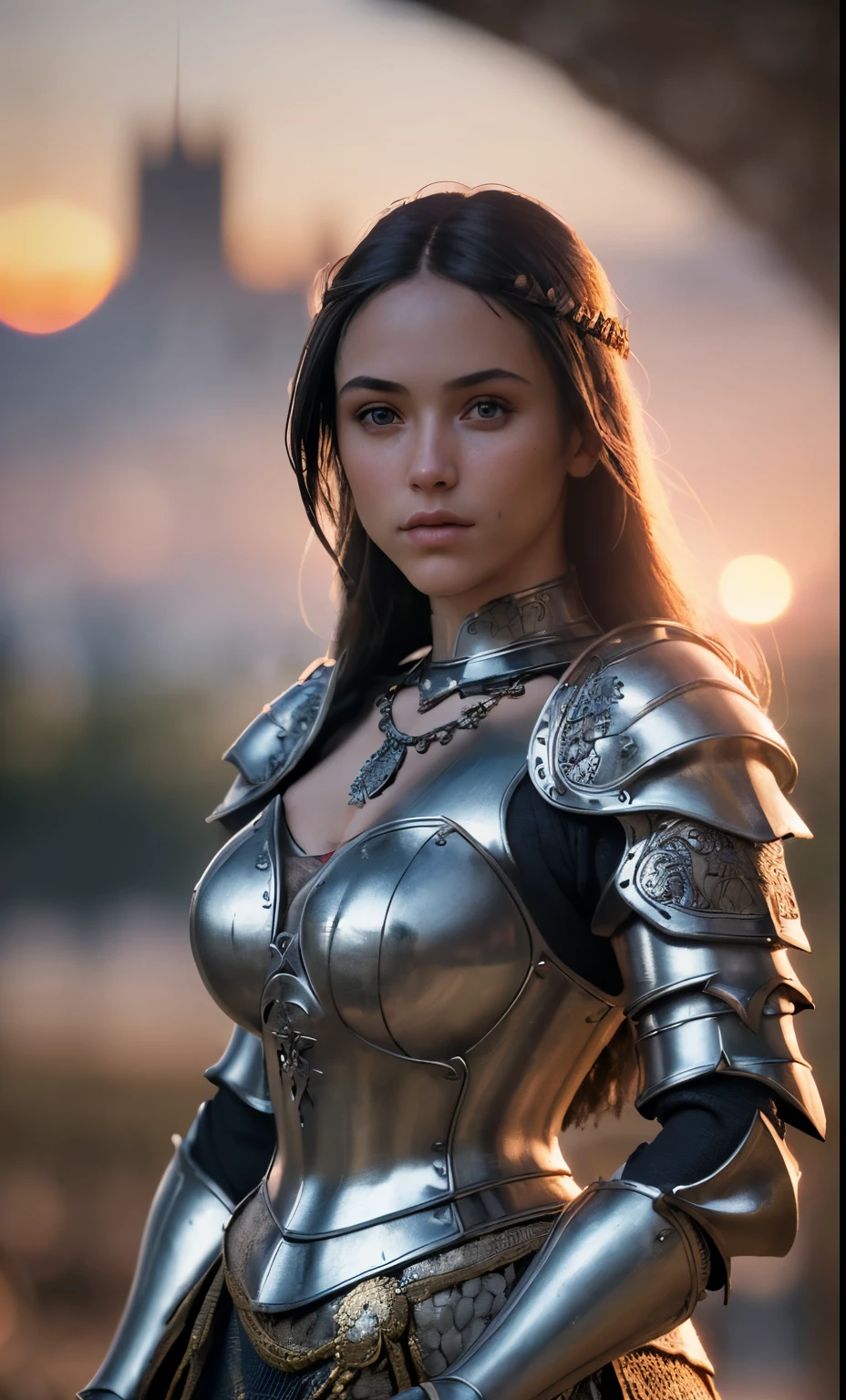 (masterpiece), (extremely intricate:1.3), (realistic), portrait of a girl, the most beautiful in the world, (medieval armor), metal reflections, upper body, outdoors, intense sunlight, far away castle, professional photograph of a stunning woman detailed, sharp focus, dramatic, award winning, cinematic lighting, octane render unreal engine, volumetrics dtx, (film grain, blurry background, blurry foreground, bokeh, depth of field, sunset, motion blur:1.3), chainmail