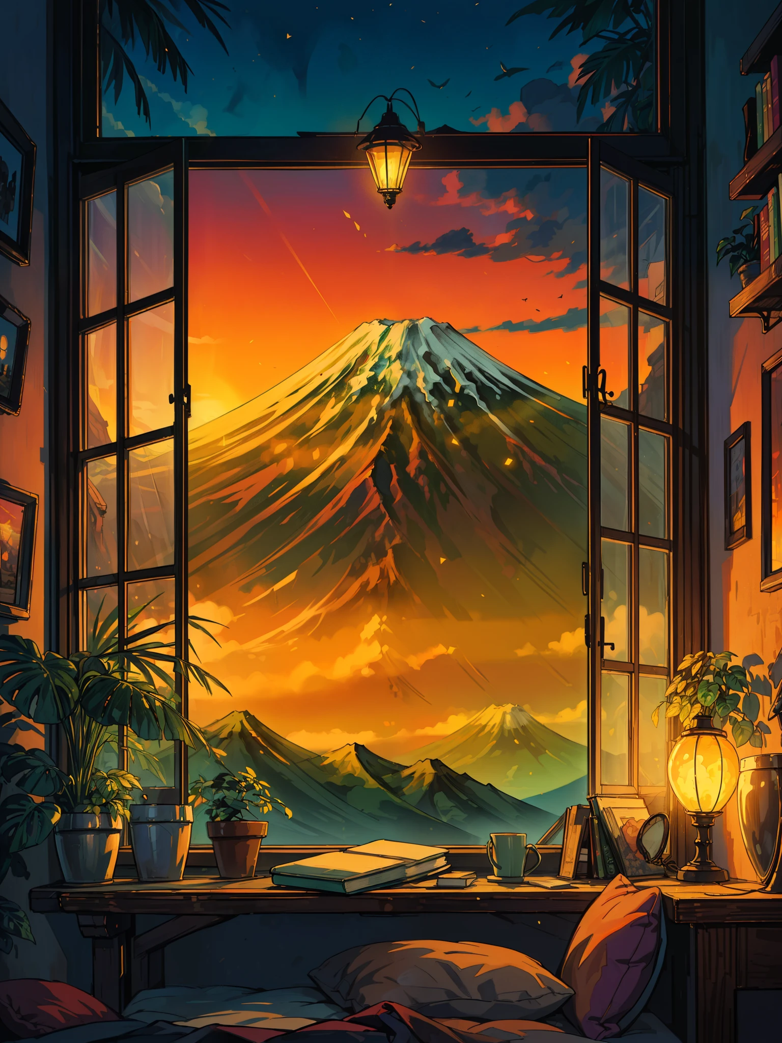 (masterpiece:1), (wide view:1.7), (view of mount fuji from a huge window of beautiful bedroom:1.6), (plants:1.3), (dense tropical plants in pots:1.5), (sunset:1.3), silence, (golden hour:1.4), (aesthetically beautiful:1.5), (bright glow of vibrant orange and yellow sky:1.4), (cozy bed:1.5), magnificent sky, (volumetric light:1.2), peaceful, (books on table:1.5), (flowers in vase:1.3), (laptop:1.3), (blinders:1.5), (lamp:1.4), (beautiful aesthetics:1.2), (calm:1.4), beautiful tones, subtle colors, peaceful, (illustration: 1.0), epic composition, realistic lighting, (no human:1.6), HD details, masterpiece, best quality, ,