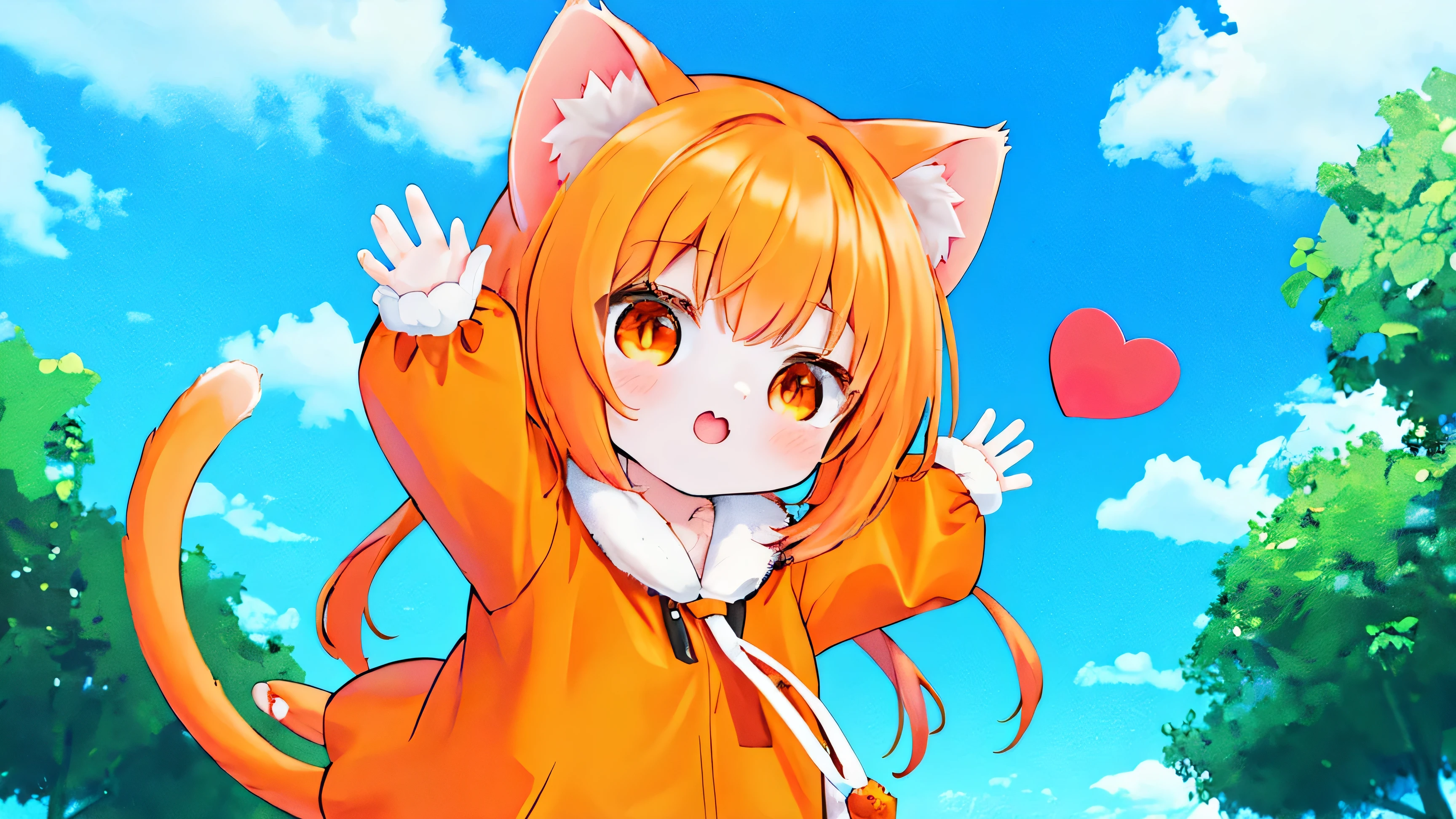 (masterpiece)，（High quality graphics），catwoman，Change，Long orange hair，orange eyes，heart shaped furry，Lovely，Hug with open arms，joy，Orange tail swaying in the air，outdoor，bright sunshine，Blue sky and white clouds，In the shadows