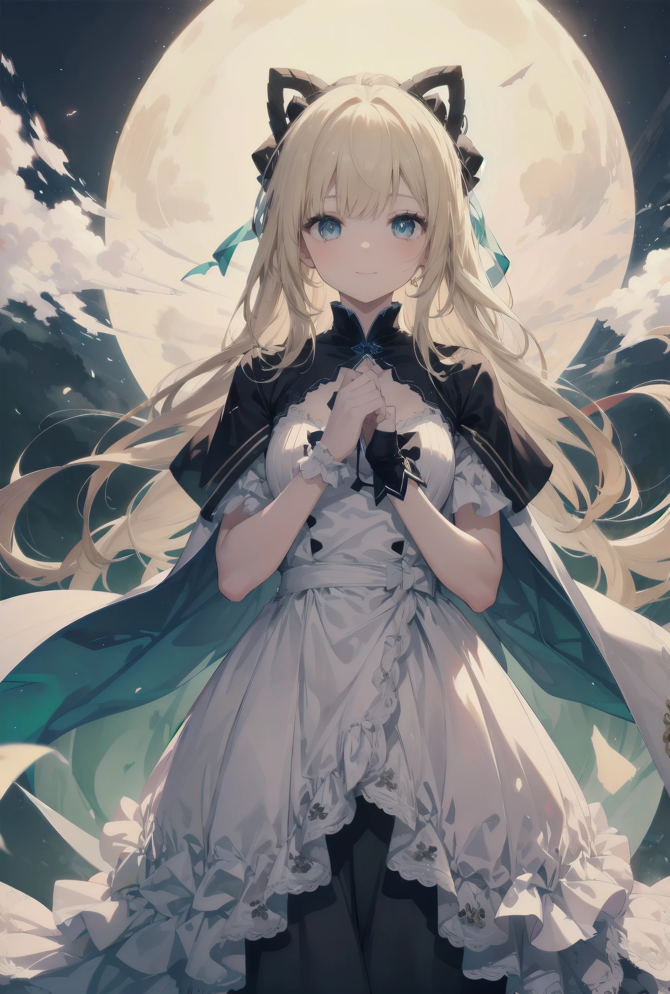 Against the backdrop of the Gates of Heaven stands a young girl with long blonde hair blowing in the wind. Her dress is covered with elaborately crafted ruffles and lace, especially in a kaku fluffy design. The dress is based on a pristine white color and is delicately decorated with fluorescent light particles that give off a fantastic glow. The surrounding landscape is magnificent, reminiscent of heaven in a fantasy world, with colorful glowing steam drifting through the air, creating a fantastic atmosphere. A young girl smiles, symbolizing hope and longing, her eyes reflecting endless stories.