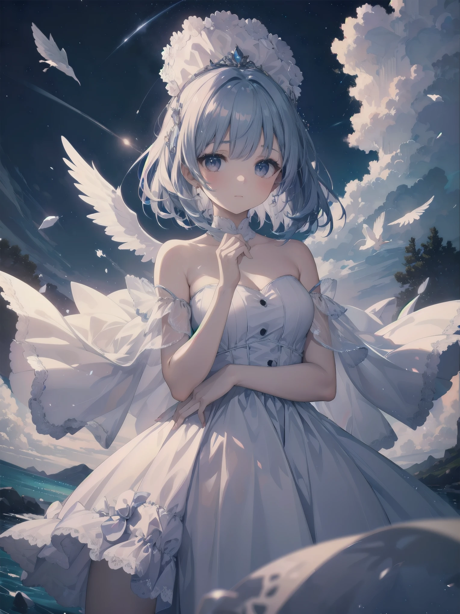 On the banks of a crystal clear river in heaven, a young girl gazes upon a fantastic scene. Her dress, with its extremely delicately crafted ruffles and lace, is both pristine and dreamlike. The dress is adorned with fluorescent light particles that twinkle like stars in the night sky. The surface of the river reflects the colorful glowing steam, further accentuating the fantastic beauty of heaven. The girl is entranced by this miraculous scene and gazes at it as if the moment will be etched in her memory forever.