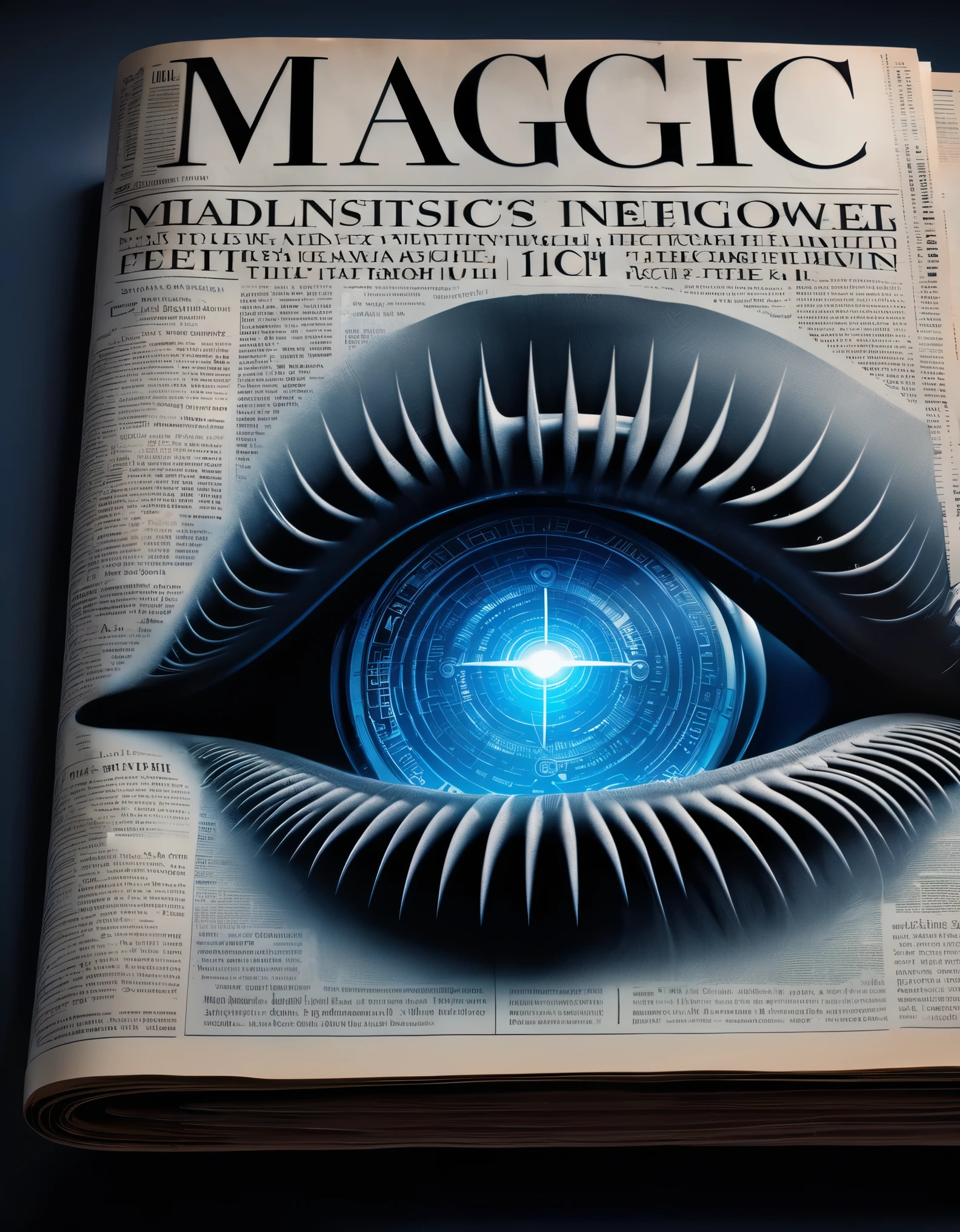 Photography, macro photography, (the cover of a transparent glass newspaper magazine features a 3D magician's mouth highlighting text information), a cover with blue light edges, flat black and white newspaper text, depth of field, DSLR, complex details, studio lighting, 8k, HD, futuristic science fiction magazines, screen magazines, cyberpunk art, 3D book art, background: many newspapers in the futuristic science fiction world, Magic symbols and text