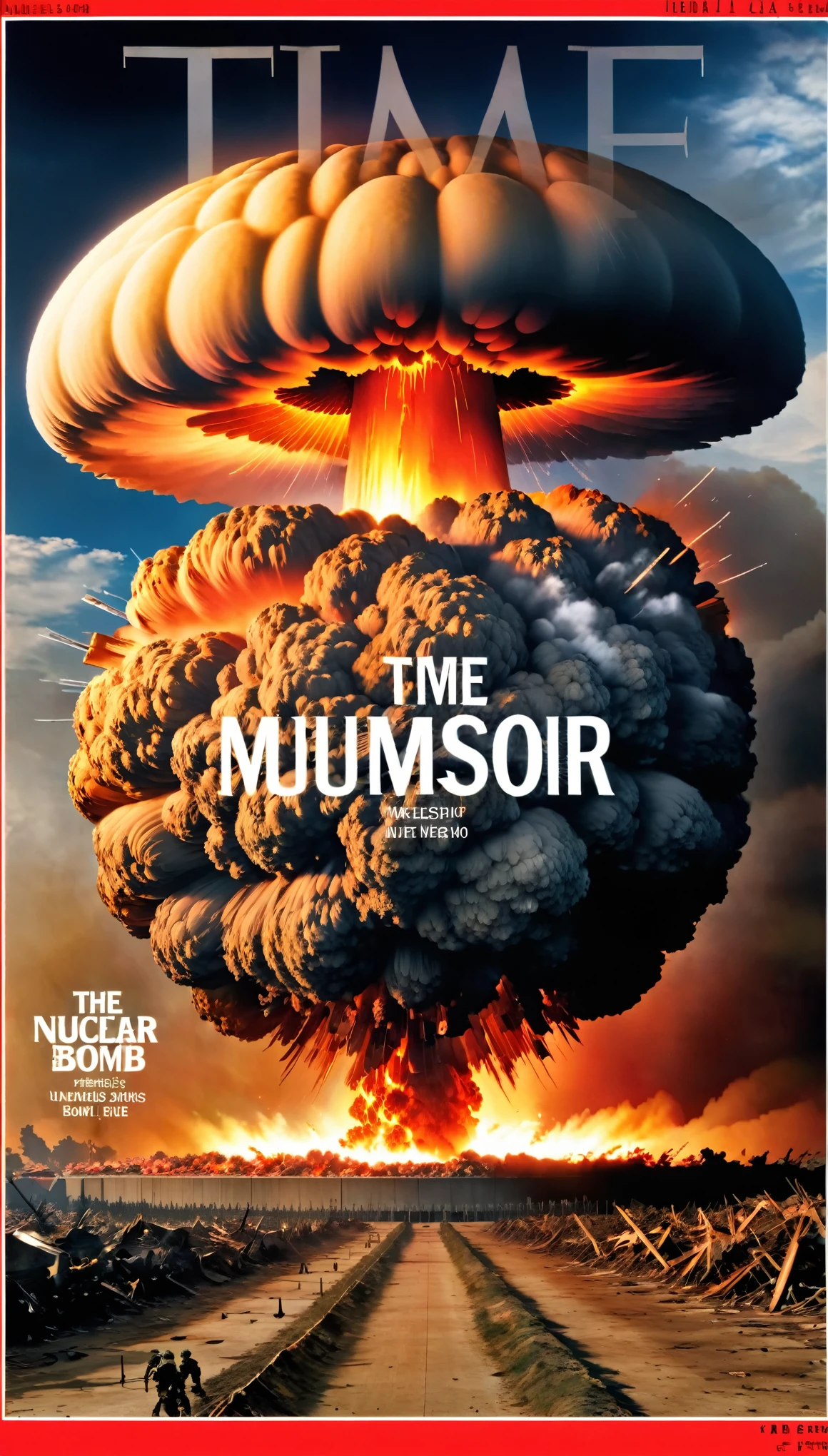 Time cover magazine, time magazine, nuclear expolsions, atomic bomb, "nuclear mushroom", text "WAR", detailed, 8k, realistic,