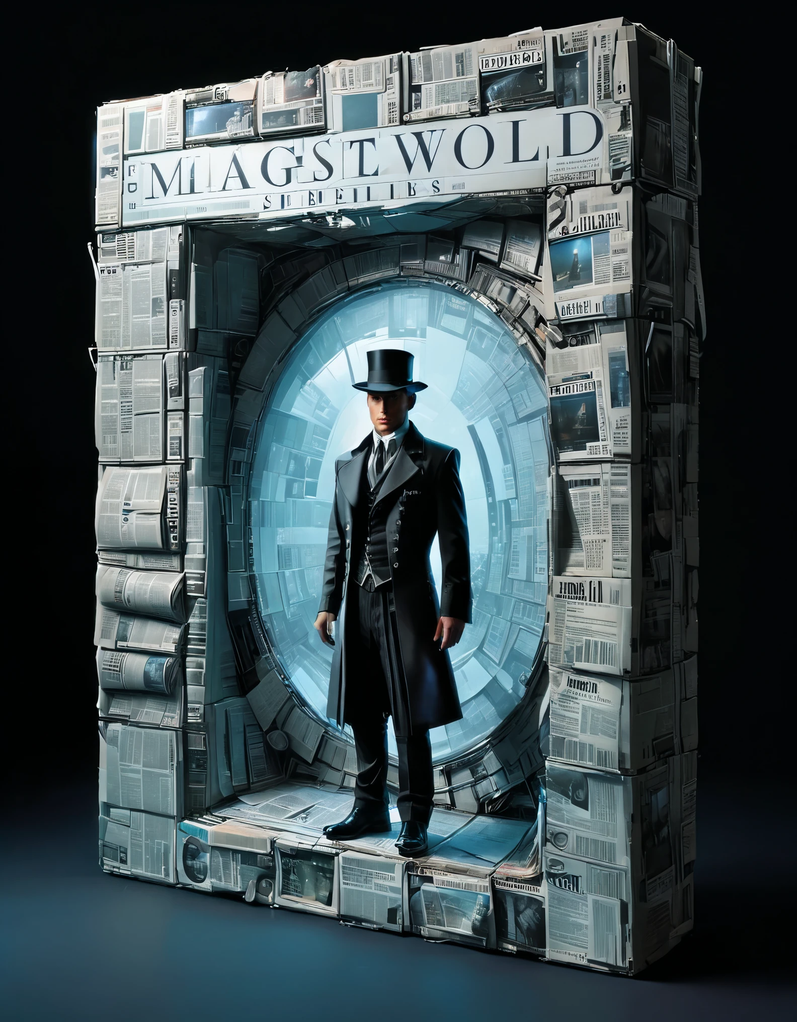 《magical world》Magazine cover design，Photography, macro photography, (with a 3D magician standing on the cover of a transparent glass newspaper magazine), flat black and white newspaper text, depth of field, DSLR, complex details, studio lighting, 8k, high-definition, science fiction magazines for the future world, display screen magazines, cyberpunk art, 3D book art, background: many newspapers in the future science fiction world