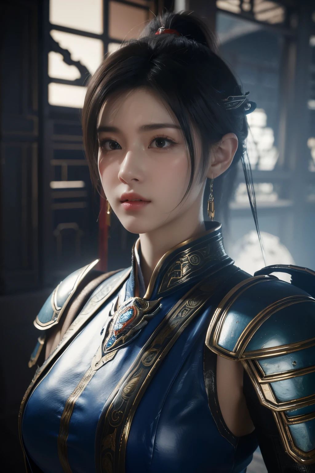 Masterpiece,Game art,The best picture quality,Highest resolution,8K,(Portrait:1.5),Unreal Engine 5 rendering works,(Digital Photography),
Girl,Beautiful pupil,(Gradual short hair is blue and red),Busty,(Big breasts),
(A female general in the ancient fantasy style),(Future combat dress combined with Chinese fantasy style clothing,Chinese style Han costume),Ribbon,Ancient magic patterns glow,Armor rich in detail,(Ancient fantasy),
Movie lights,Ray tracing,Game CG,((3D Unreal Engine)),OC rendering reflection pattern