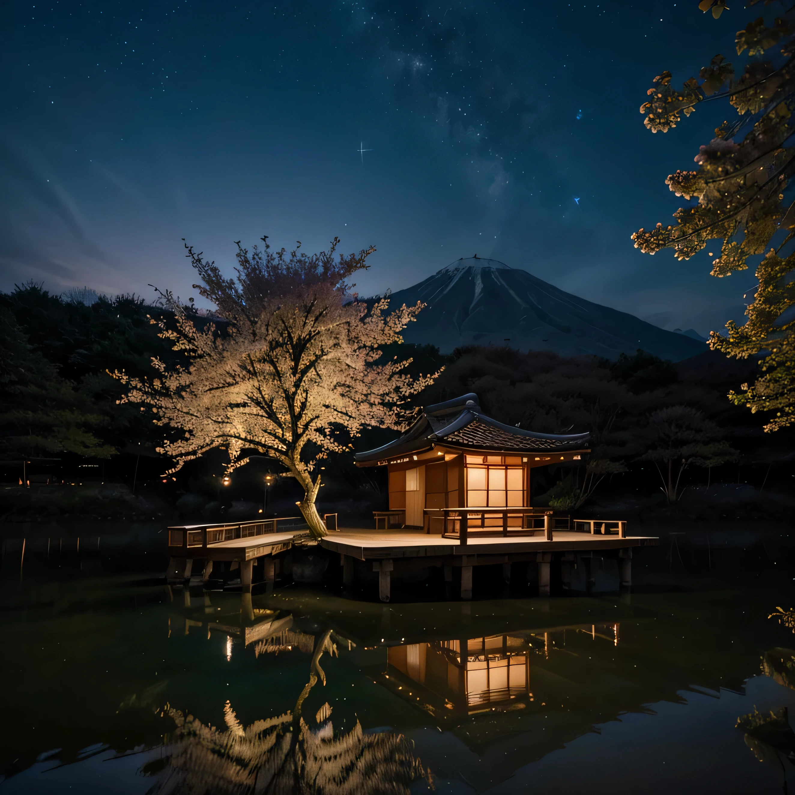 image of a cherry tree in a magical Japanese landscape with an enchanted lake in a Japanese village. night image with starry sky