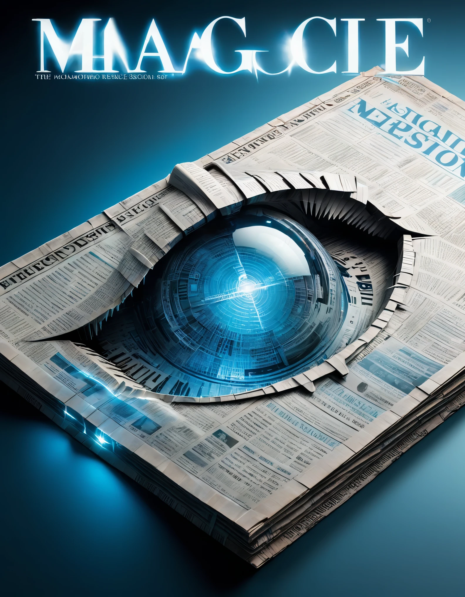 Photography, macro photography, (the cover of a transparent glass newspaper magazine features a 3D magician's mouth highlighting text information), a cover with blue light edges, flat black and white newspaper text, depth of field, DSLR, complex details, studio lighting, 8k, HD, futuristic science fiction magazines, screen magazines, cyberpunk art, 3D book art, background: many newspapers in the futuristic science fiction world, Magic symbols and text