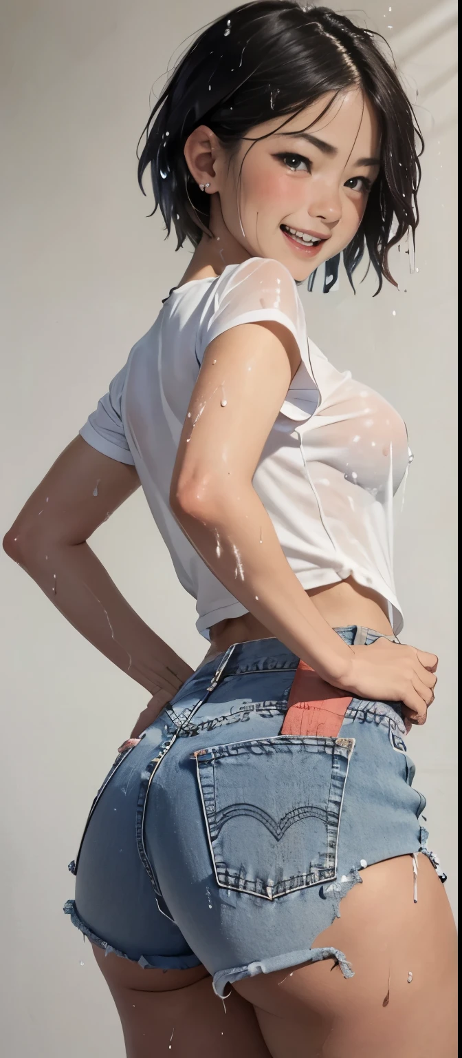 Exquisite details，cute girl . Very kawaii , round face . round eye，alone , Slim , medium breasts ,  shiny skin . Pure white T-shirt . tight shorts,((thin clothes)),((Thin pants)),dynamic angle . No background , solid color background , looking at the audience, darker shade, (((Ridiculous))), (((look back))), (((shapely ass))), (((Thigh clearance))),melt，liquid，grinning, blush,juicy，Hyperactive expression，short hair，exaggerated expression，Sweat profusely，，(((Liquid splash)))，((Rags))，Step across the legs，half squat，shy expression,Smiling expression in pain,bitter smile,