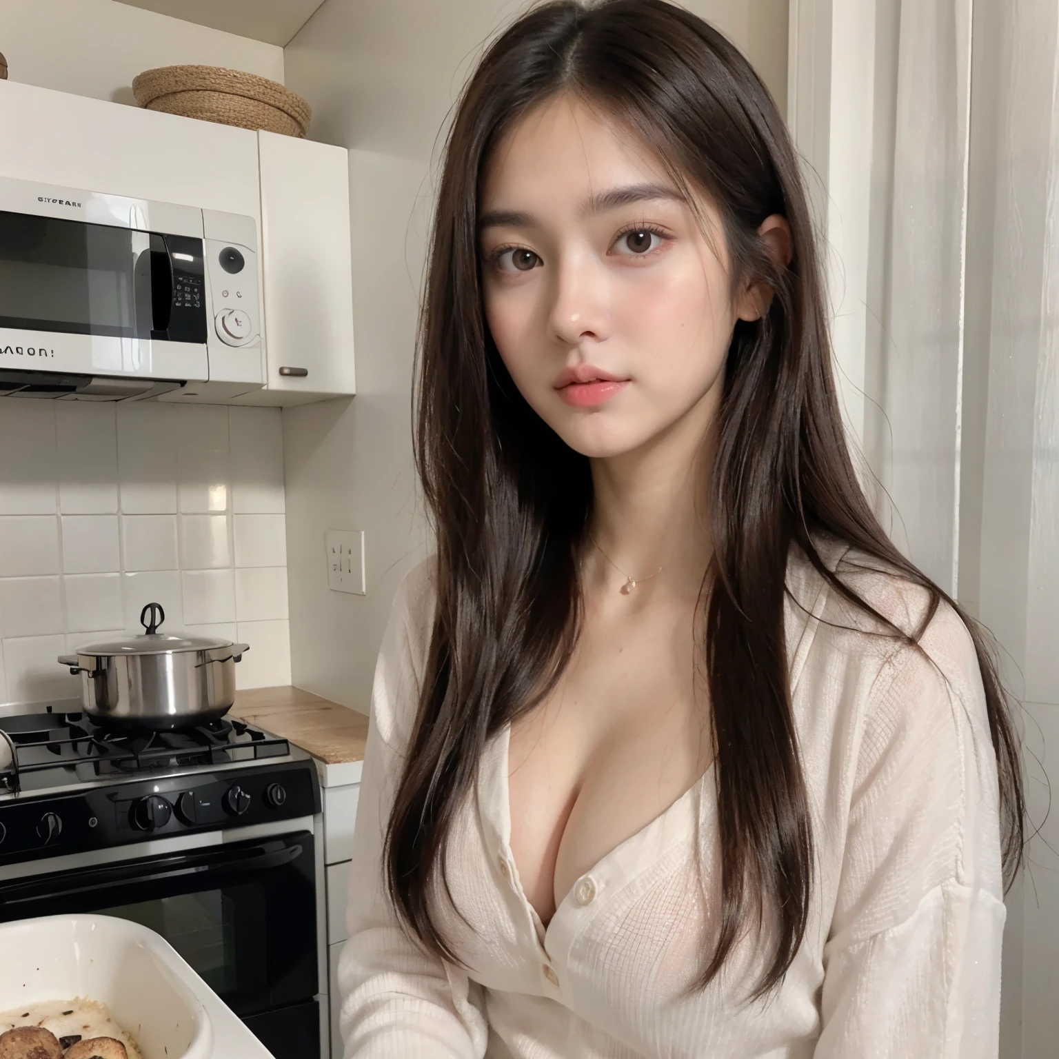 (1girl),(8K, rich detail, crisp detail, sharp image, RAW photo, highest quality, High resolution:1.1), (hyperrealistic:1.4),(realistic, photorealistic:1.3), soft light,realistic face,realistic body,realistic skin,disorganized,masterpiece,(cute:1.8), 165cm height, , (((baby face, round face))), ((natural big breast,brown nipples)), ((smooth straight hair, (dark hair)), hair),fine black eyes,innocent eyes,droopy eyes,Watery eye,open lips,blush,good style,colorful lights,film Grain,((full Body photograph)), teenager,proional lighting,portrait,photon mapping,radio city,Physically based rendering,japanese girl, cooking with me in my house, unbuttoned tshirt,big cleavage,((sitting)),bare naked,nude,