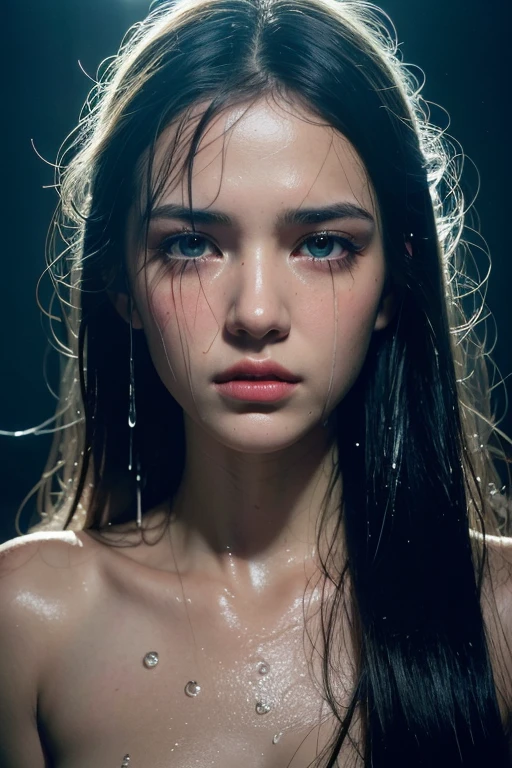 Best Picture Quality, Masterpiece, Super Hi-Res, (Fidelity: 1.4), Photograph, One stunningly beautiful white woman, [(sadness)], white shirt, dim, dark, desperate, pathetic, pathetic, cinematic, tears, tear drops, (torn clothing: 1.5), (wet clothing: 1.4), Bare shoulders, real rain, wet hair