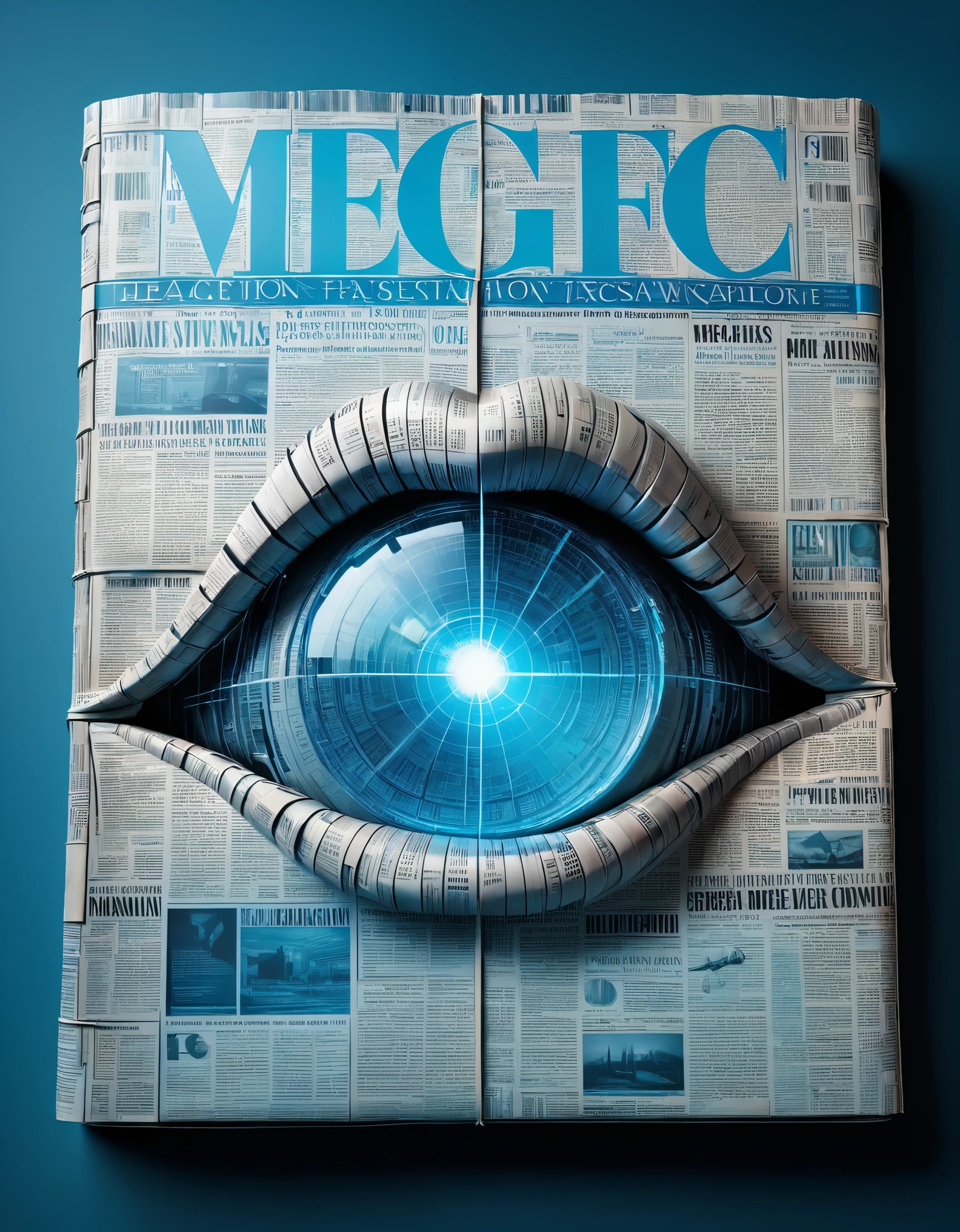 Photography, macro photography, (the cover of a transparent glass newspaper magazine features a 3D magician's mouth highlighting text information), a cover with blue light edges, flat black and white newspaper text, depth of field, DSLR, complex details, studio lighting, 8k, HD, futuristic science fiction magazines, screen magazines, cyberpunk art, 3D book art, background: many newspapers in the futuristic science fiction world, Magic symbols and text