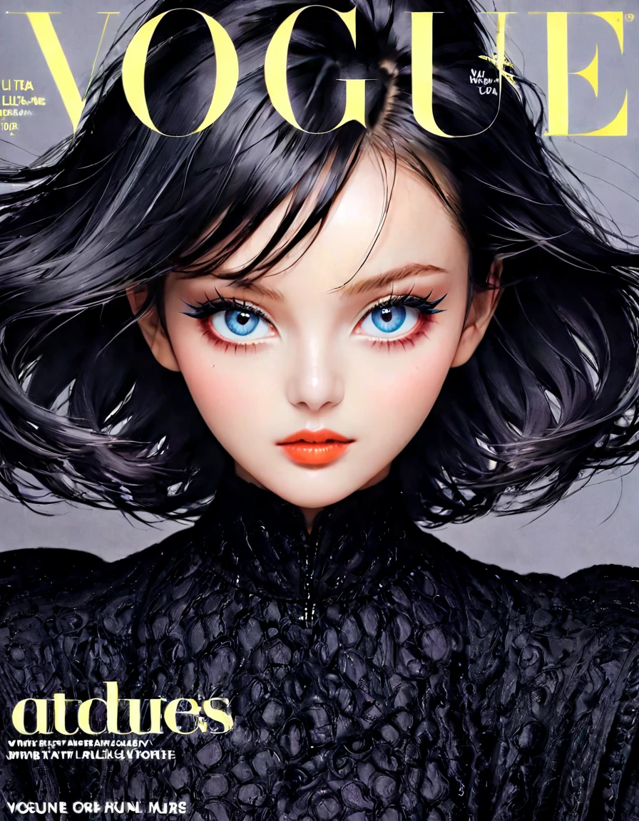 Magazine Cover, aesthetic, Vogue, best quality,ultra-detailed,beautiful detailed eyes,beautiful detailed lips,extremely detailed eyes and face,longeyelashes,portrait,hair blowing in the wind,high fashion,stylish outfit,Vogue logo,high contrast,glamorous lighting,shallow depth of field,editorial style,studio photography,cityscape background,fashion model,confident pose,striking composition,vibrant colors,sophisticated elegance,sleek and modern aesthetic