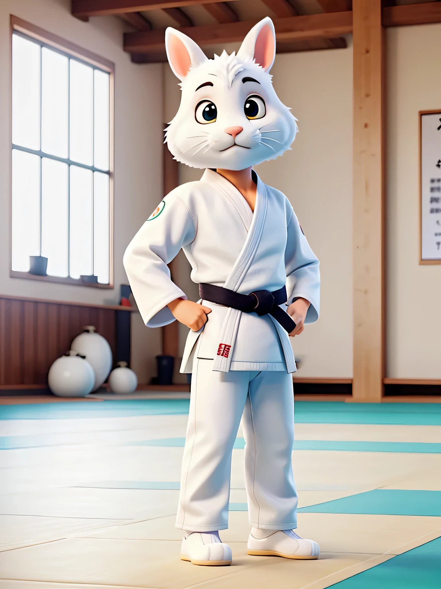 white judogi white rabbit standing in a judo gym, in a dojo, vestindo um judogi branco.