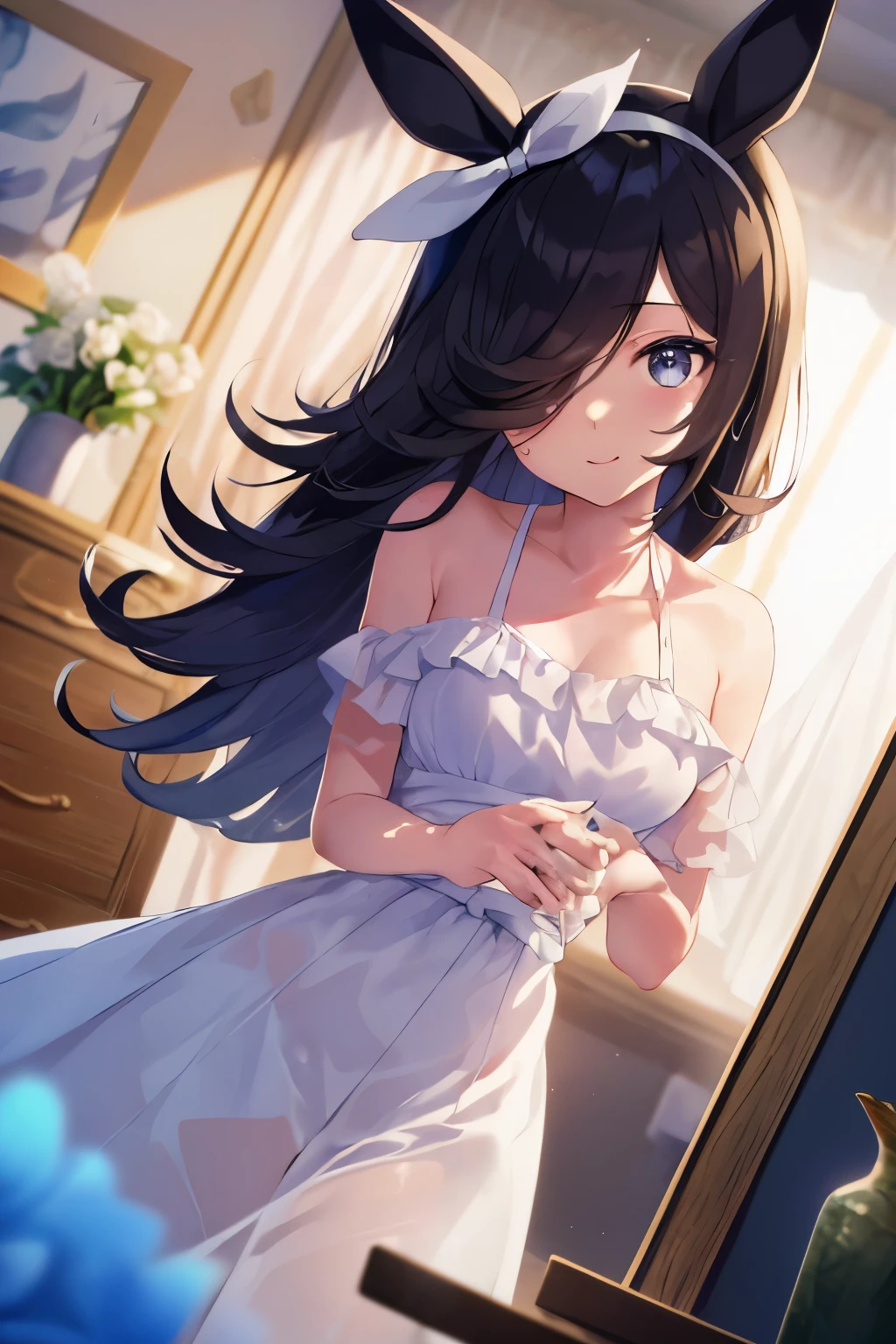 (table top.highest quality).(dynamic angle). (CG painting with very impressive details),(perfect image)、comic strip.shape.1 girl.detailed face、perfect face.delicate face、girl wearing delicate beautiful dress clothes、rough skin、black hair.length、(Umamimi Girl)Umamimi Girl、((beautiful blue eyes)).delicate and beautiful eyes、fine eyes、reflected eyes、Watery eye、smile.)、8k wallpaper、cowboy shot、reflected light、most detailed、Complex、Delicate bedroom background、rough skin、fine skin、(super resolution)、