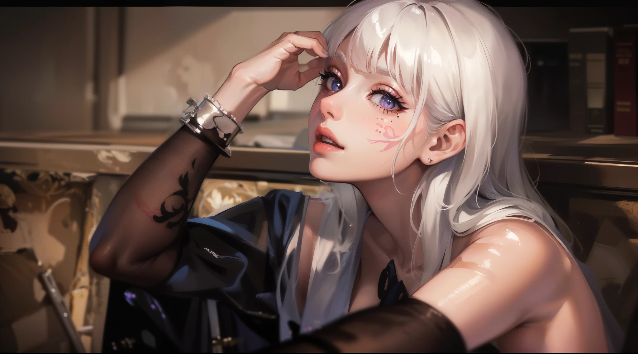 (best quality,4k,8k,highres,masterpiece:1.2),ultra-detailed,realistic:1.37,girl with short white hair,beautiful detailed eyes,beautiful detailed lips,extremely detailed eyes and face,long eyelashes,pink shirt,gorgeous tattoos on her hand, concrete wall painted 