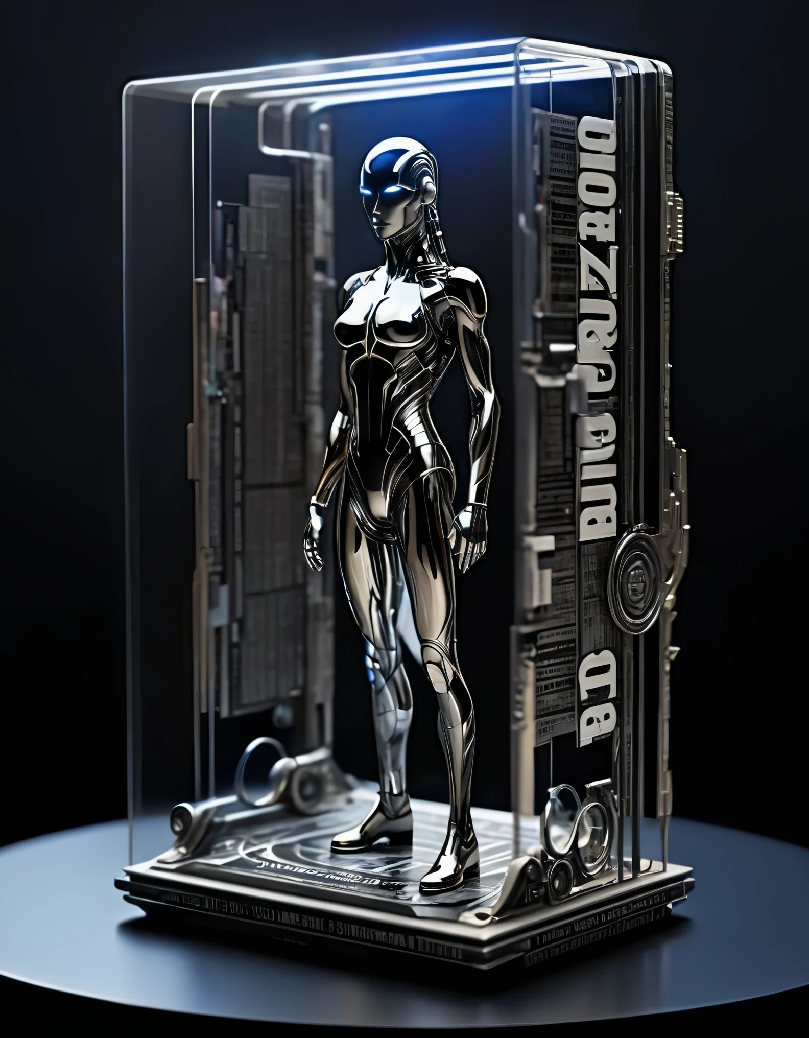 Photography, macro photography, glass newspaper cover magazines stand with a 3D three-dimensional man, flat black and white newspaper text, depth of field, DSLR, complex details, studio lighting, 8k, HD, futuristic science fiction magazines, screen magazines, cyberpunk art, 3D book art, background: a table in the futuristic science fiction world