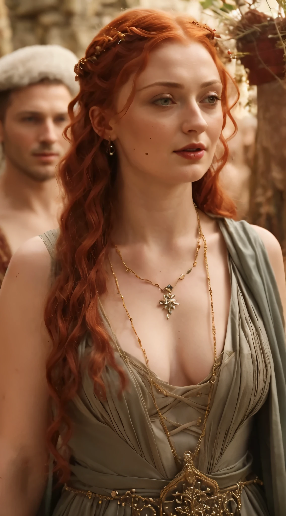 Sophie Turner, the de facto Lady of the Eyrie, is a 40-year-old mature queen with a stunning, alluring appearance. Full Face, reddish lips, upper body shot, erotic Mediaeval costumes, game of thrones costumes, She wears a Game of Thrones-inspired costume and has a deep cleavage, a perfect thick body, and a perfect thick figure. The photograph captures her in a close-up, with her skin texture and facial features being ultra-realistic and realistic.