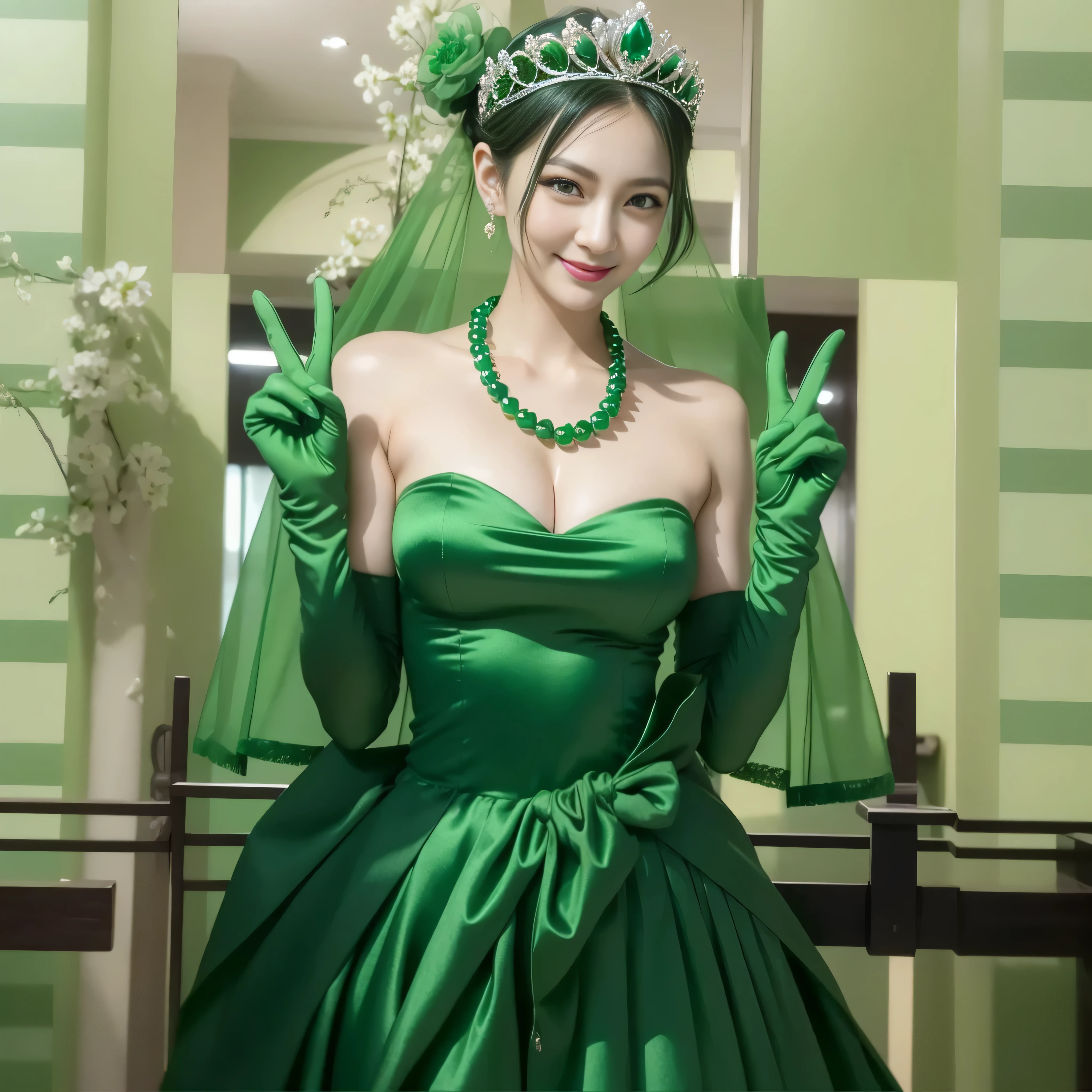 Beautiful Japan woman in her 30s, finger details, beautiful hands,emerald tiara, green pearl necklace, Boyish green berry short hair, lipstick, smiling Japanese woman, very short hair, big breasts beautiful, green eyes, green satin long gloves, green eyes, emerald earrings, green veil, V sign