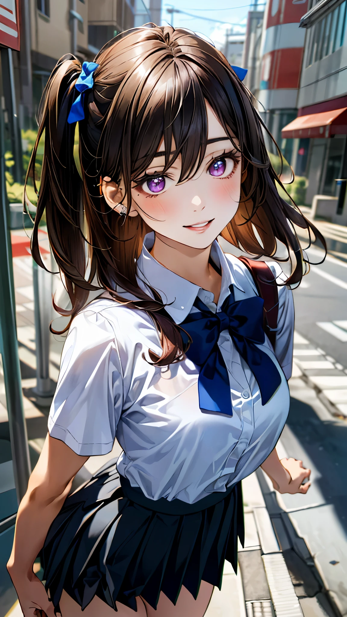 (masterpiece:1.3, top-quality, ultra high res, ultra detailed), (realistic, photorealistic:1.4), beautiful illustration, perfect lighting, colorful, depth of fields,
beautiful detailed hair, beautiful detailed face, beautiful detailed eyes, beautiful clavicle, beautiful body, beautiful chest, beautiful thigh, beautiful legs, beautiful fingers,
looking at viewer, front view:0.6, 1 girl, japanese, high school girl, perfect face, (perfect anatomy, anatomically correct), cute and symmetrical face, babyface, , shiny skin,
(middle hair:1.5, (two side up:1.2), dark violet hair), hair between eyes, dark violet eyes, long eye lasher, (medium breasts), slender,
((short sleeve collared white shirt, steel blue pleated skirt)), dark red bow tie, piercing, navy school bag,
(beautiful scenery), evening, (street, cityscape in the distance), walking, arms behind back, (happy smile, parted lips),