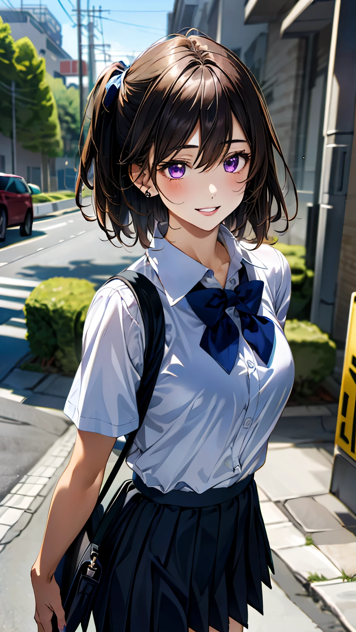 (masterpiece:1.3, top-quality, ultra high res, ultra detailed), (realistic, photorealistic:1.4), beautiful illustration, perfect lighting, colorful, depth of fields,
beautiful detailed hair, beautiful detailed face, beautiful detailed eyes, beautiful clavicle, beautiful body, beautiful chest, beautiful thigh, beautiful legs, beautiful fingers,
looking at viewer, front view:0.6, 1 girl, japanese, high school girl, perfect face, (perfect anatomy, anatomically correct), cute and symmetrical face, babyface, , shiny skin,
(middle hair:1.5, (two side up:1.2), dark violet hair), hair between eyes, dark violet eyes, long eye lasher, (medium breasts), slender,
((short sleeve collared white shirt, steel blue pleated skirt)), dark red bow tie, piercing, navy school bag,
(beautiful scenery), evening, (street, cityscape in the distance), walking, arms behind back, (happy smile, parted lips),