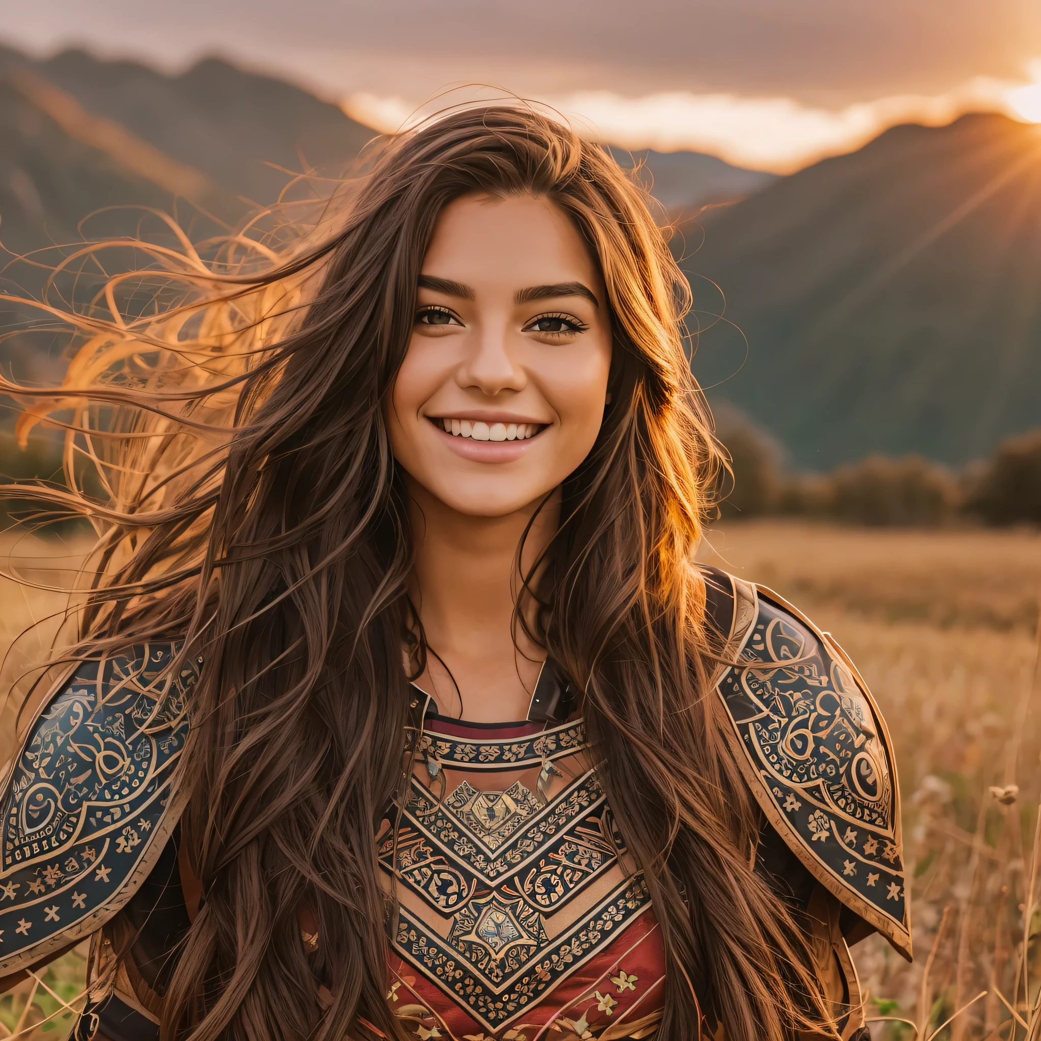 23 year old girl, long brown hair down to her waist, wearing a warrior outfit, smiling at the camera, standing in a field with mountains in the background, sun setting