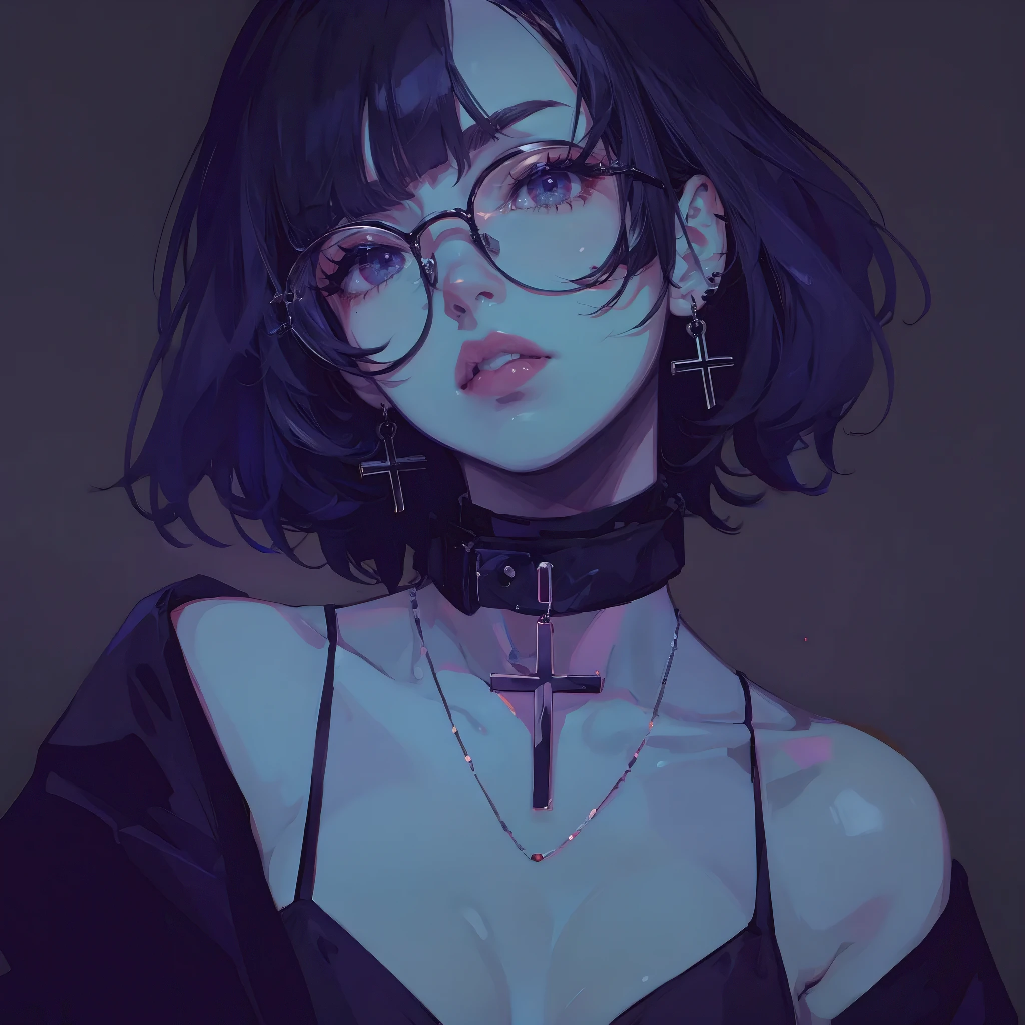 (masterpiece:1.2、highest quality), (1 lady、solo、upper part of the body:1.2), Hairy pubic area:short hair,Black with red hair only at the neckline、Quilted:black t-shirt、round glasses、place:ruins、Boneyard、ghost、skeleton、Psychic phenomena、midnight、erotic、sexual、gal、small breasts