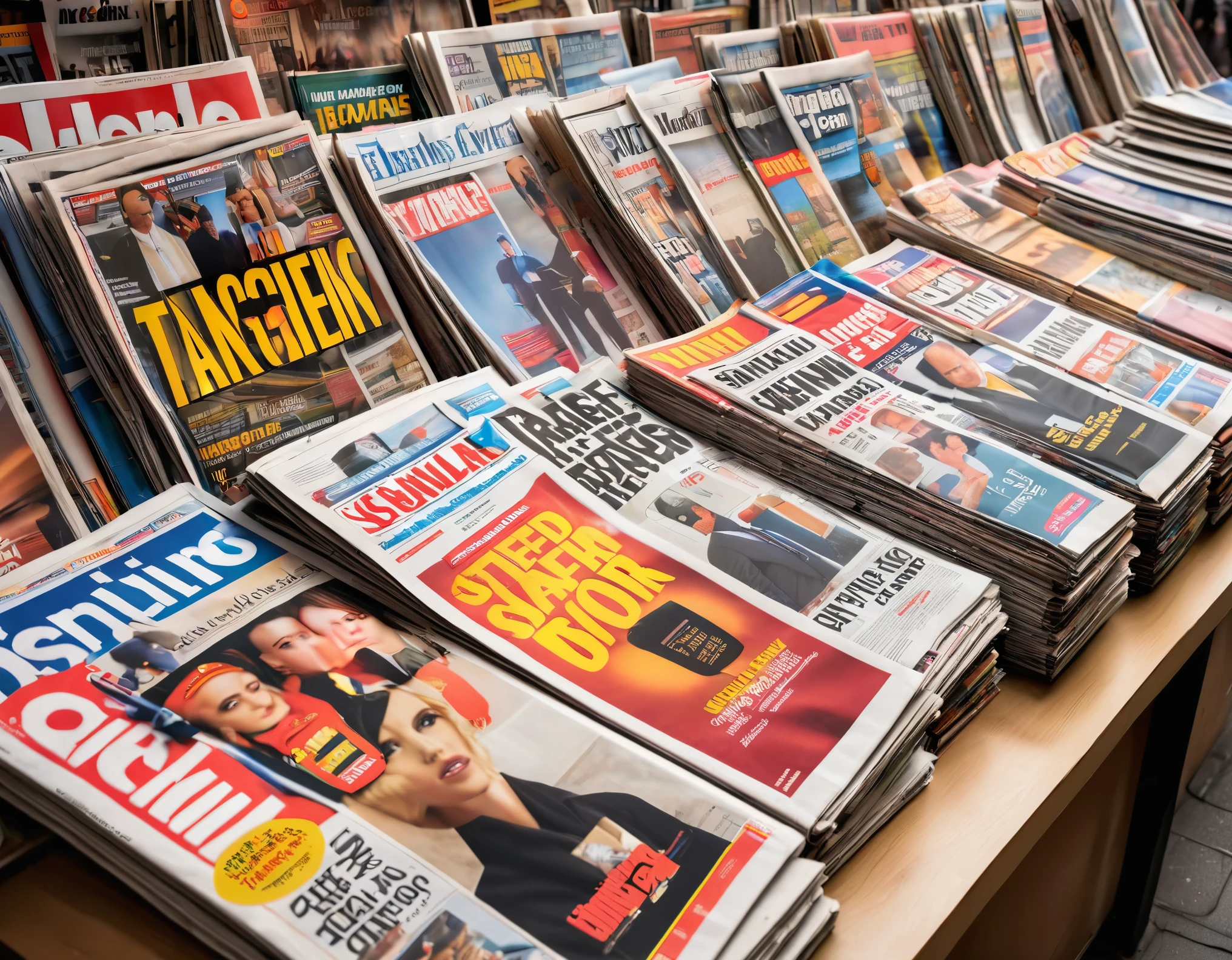 Newspaper stand, various magazine covers visible, magazine covers, newspaper covers, various topics of newspapers and magazines, realistic photo
