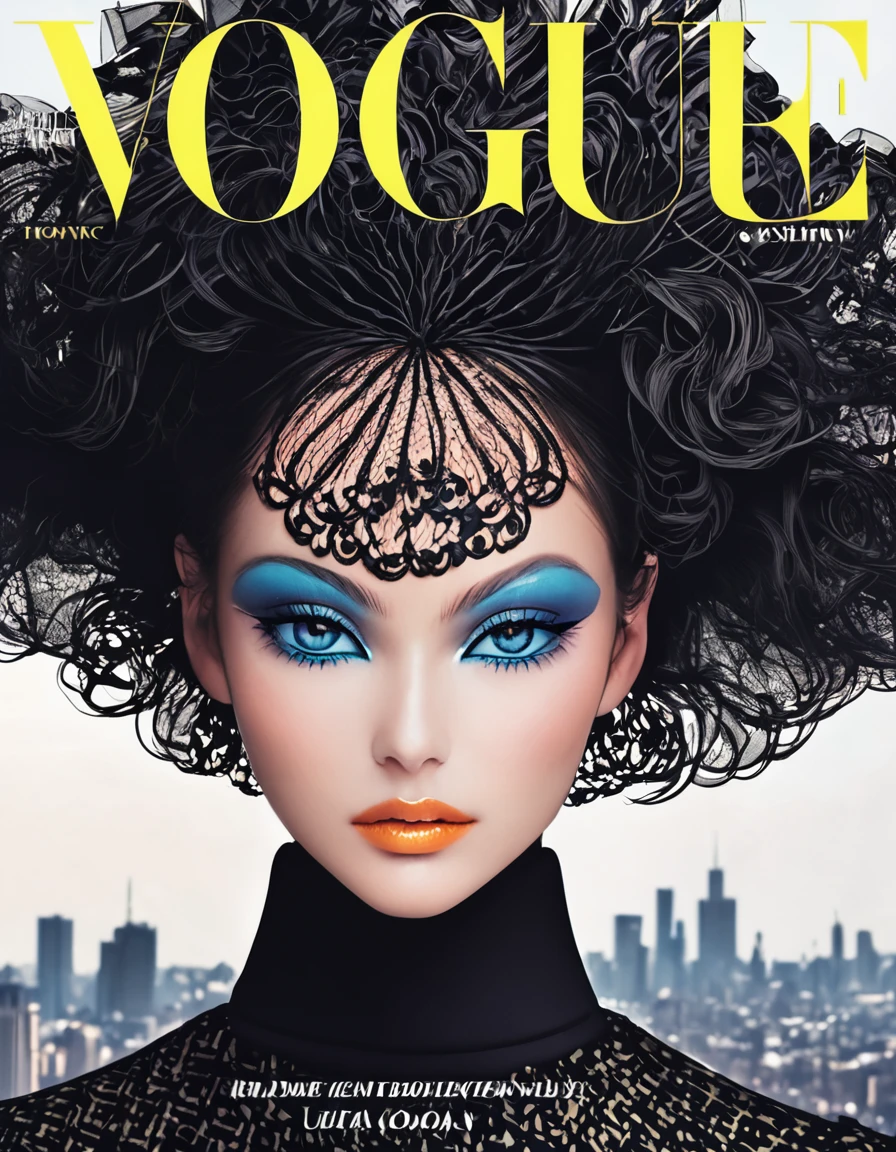 Magazine Cover, aesthetic, Vogue, best quality,ultra-detailed,beautiful detailed eyes,beautiful detailed lips,extremely detailed eyes and face,longeyelashes,portrait,hair blowing in the wind,high fashion,stylish outfit,Vogue logo,high contrast,glamorous lighting,shallow depth of field,editorial style,studio photography,cityscape background,fashion model,confident pose,striking composition,vibrant colors,sophisticated elegance,sleek and modern aesthetic