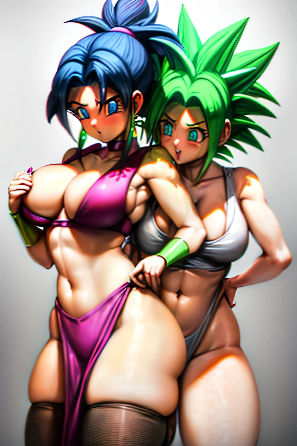 Two women kissing each other, The best high-quality, highly detailed, high-resolution masterpiece, two-tone, aqua hair, blue eyes, black hair in a ponytail, above the navel, one girl, bangs curved over black thighs, blue hair, breast presser chest, bolshi, tight, suffocating, closed mouth, graduated day, large breasts looking at the viewer, medium breasts, midriff Mouth holding, pink background, ponytail, ancient artistic style, simple background, sitting alone, thigh highs, two-color hair jacket, white background, xyzkefla super_Saiyan green_Hair is green_1 girl&#39;s eyes rose_Hair energy is torn_Clothes jewelry halo leggings red clothing sexy ramp looks at the viewer

