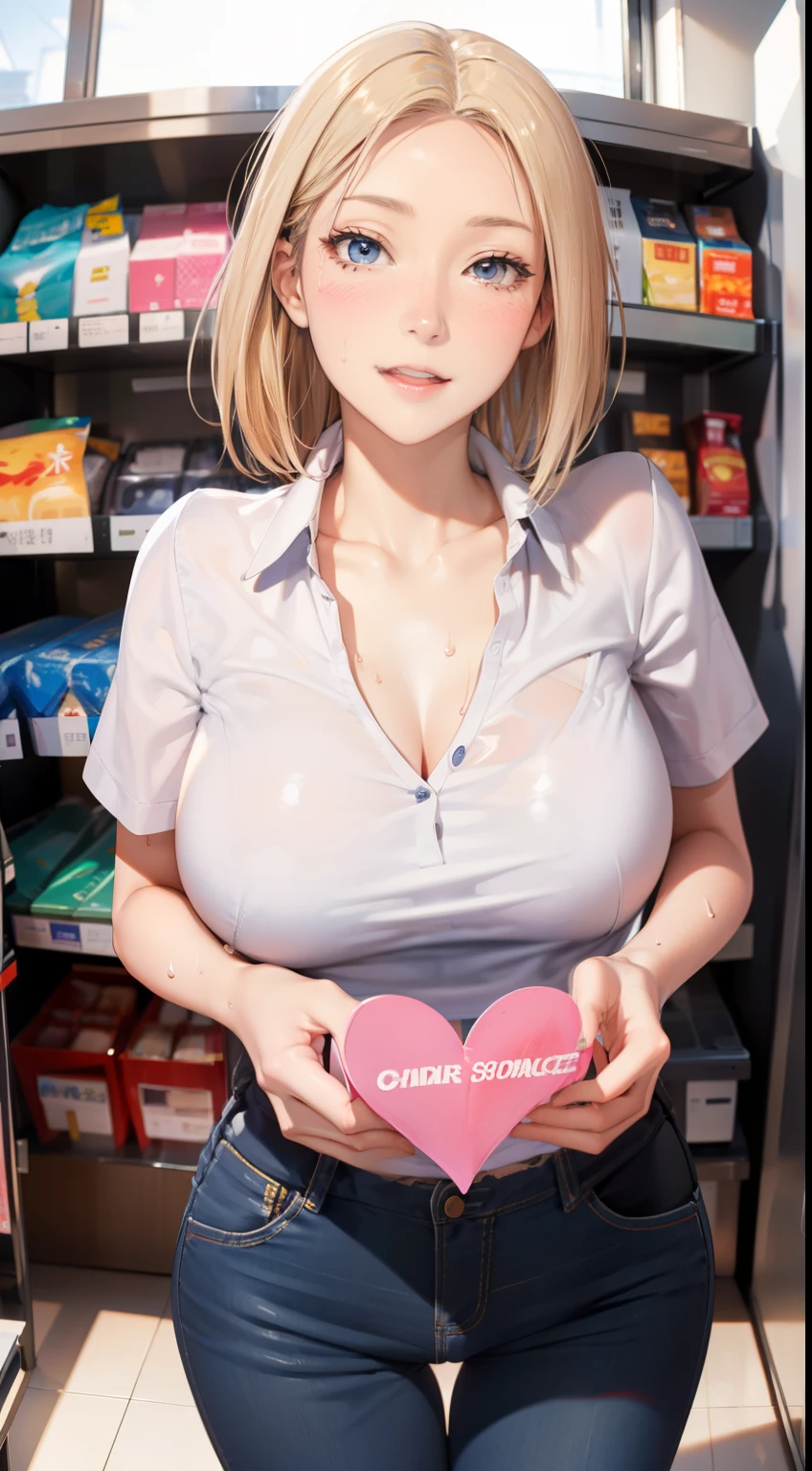(be familiar with, masterpiece, highest quality, Complex),
cowboy shot, Kyoka Tachibana,
big breasts,
1 girl, alone, At a convenience store,
cute eyes, beautiful face, perfect round butt,
fit and body, female pervert,
light blue convenience store uniform shirt、Cleavage is exposed, white t-shirt、Beautiful woman, denim skinny g pants、smile,
Early 30s, alone, pale skin,
blue eyes, ((beautiful mature woman)),
no_bar,
魅惑的なsmile, naughty face, Sweat, vapor, embarrassed, blush, Excited, (spoken heart),
Are standing, Best Sexual Poses, cover the crotch,
(At a convenience store), Ocean岸近く, (window, Ocean, null, cloud, Day), summer, indoor, perspective, bright lighting, Shelves with many products displayed, white wall,