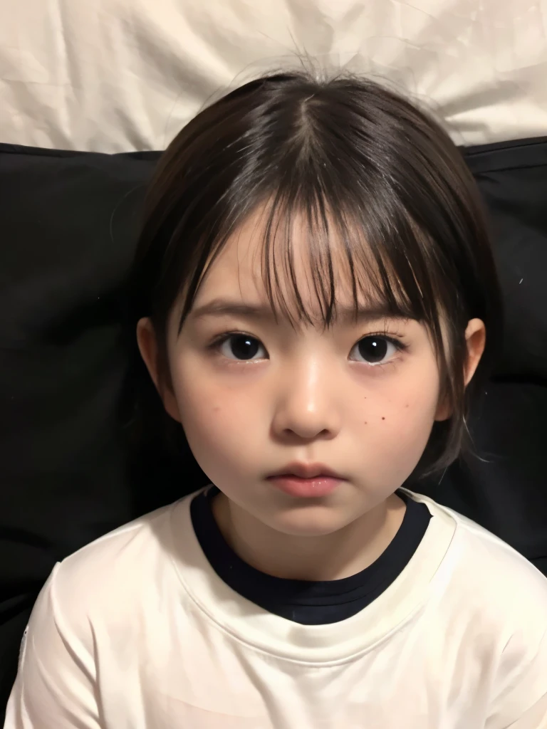 ((((Japanese elementary school student))))、japanese girl、((6 years old))、((With a round face))、((Tanuki face))、((close up of cute little face))、、white skin、Physical examination of adolescents、、Shorten the torso（anatomically correct)、solo、whole body、very nice、(((Ren&#39;s Clothing:1.0) ))、Are sleeping、((((((4-year-old)))))、alone,short cut hair、alone、alone,short hairstyles、short cut hair、(from above while sleeping in bed)、((Get angry))、(((black background)))、(((realistic skin texture　mole)))、Photoreal　(((( light white clothes))))