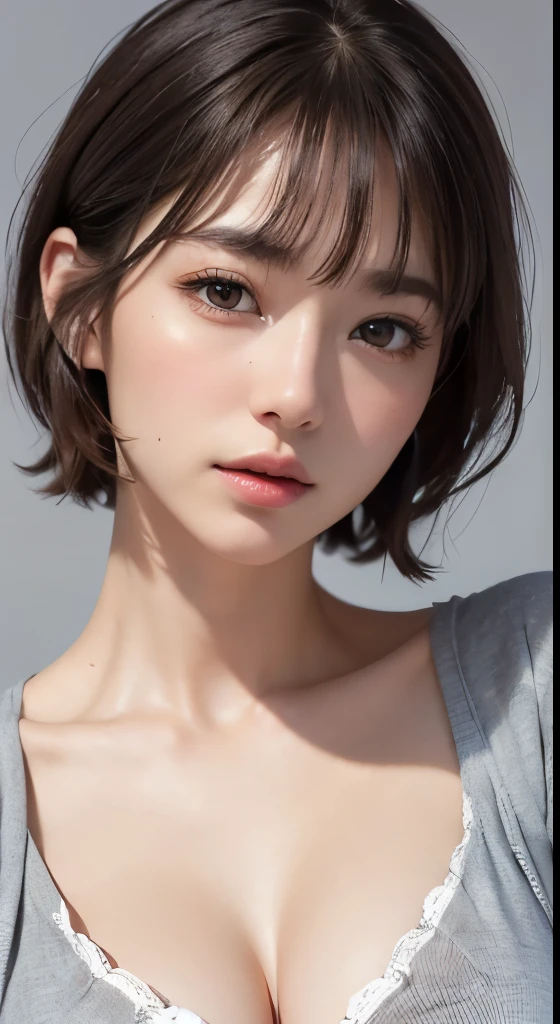 (photograph:1.2)、(photorealistic:1.3)、(masterpiece:1.3)、(Highest image quality:1.4)、超High resolution、(detailed eyes)、(detailed facial features)、(Detailed garment features)、8K resolution、solo focus、30 year old mature woman、small face、No makeup、detailed beauty eyes、bangs、dark brown hair、short cut hair、(realistic skin)、beautiful skin、Charm、超High resolution、Super realistic、High resolution、Camisa Blanca Aberta、middle shake、small breasts、bust B cup、small breasts、cool beauty、gray background、