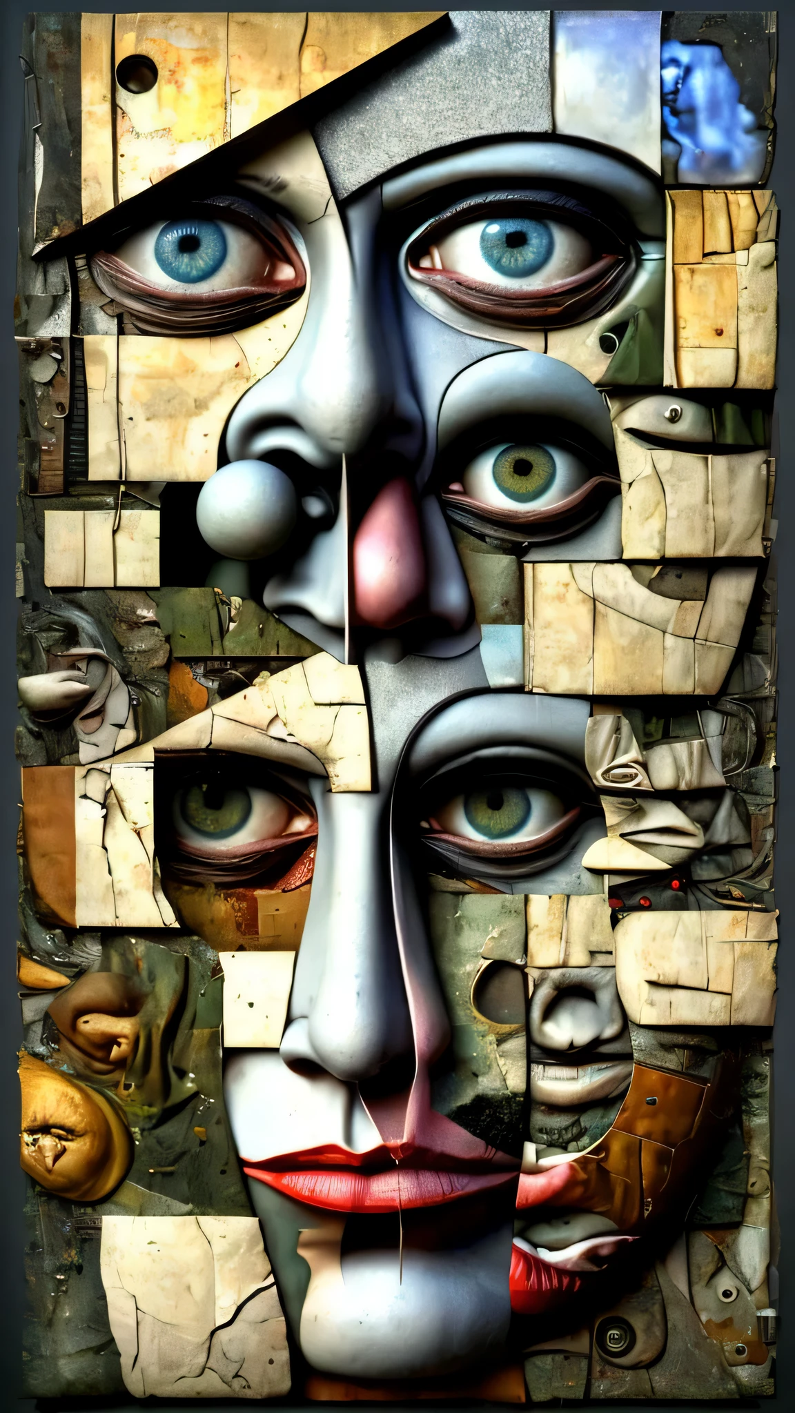 Hyper-realistic amalgam of images from faces and bodies from great modern painters with other surreal torn images glued on, minimal Dada style, Super-detailed, Studio Quality, 48k / HD, Normal Contrast, hyper Realistic Shadows, octane Rendering, Sharp Focus