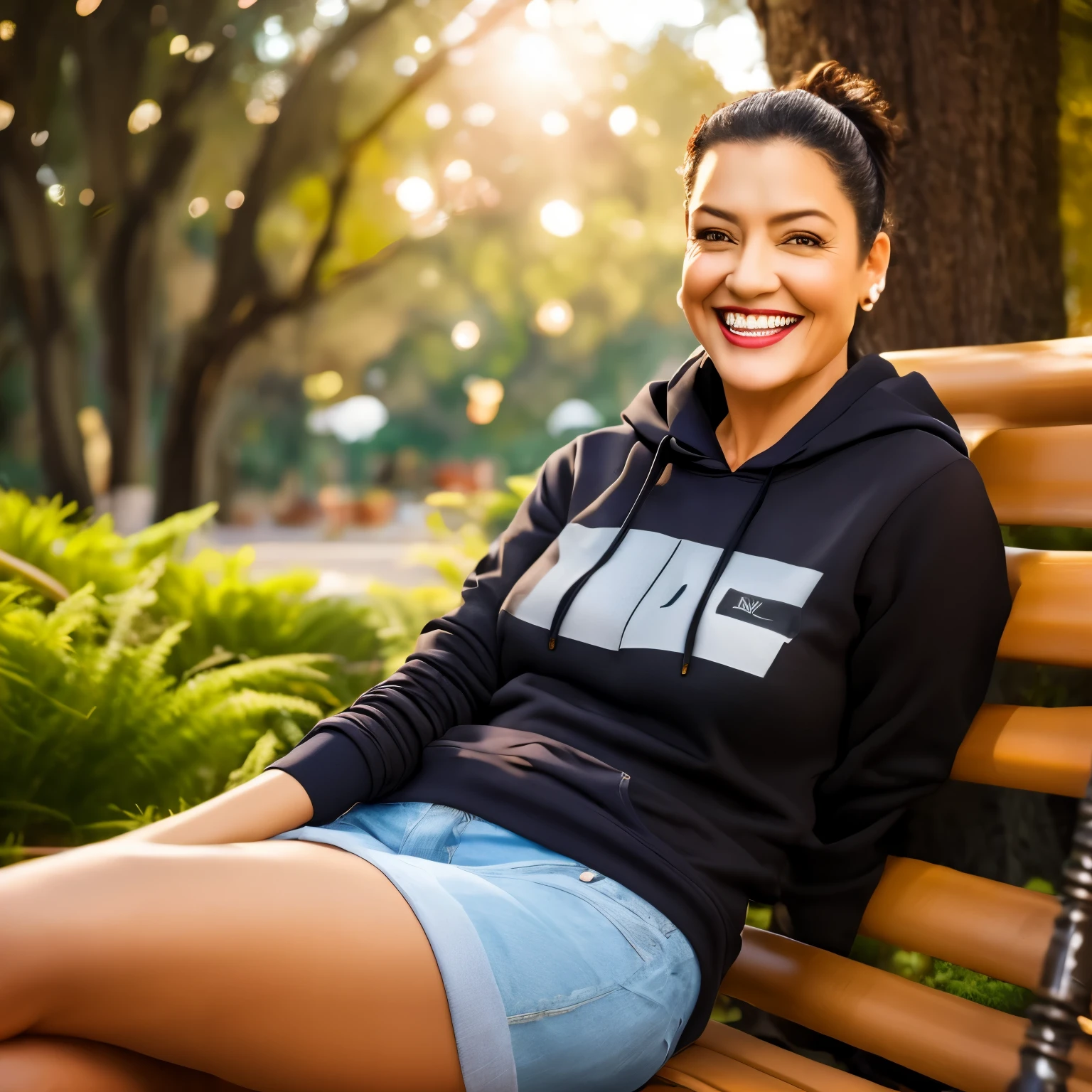 happy, smiling middle-aged woman wearing a casual hoodie, sitting on a park bench surrounded by lush greenery, warm natural lighting, realistic portrait, highly detailed facial features, bokeh background --ar 1:1