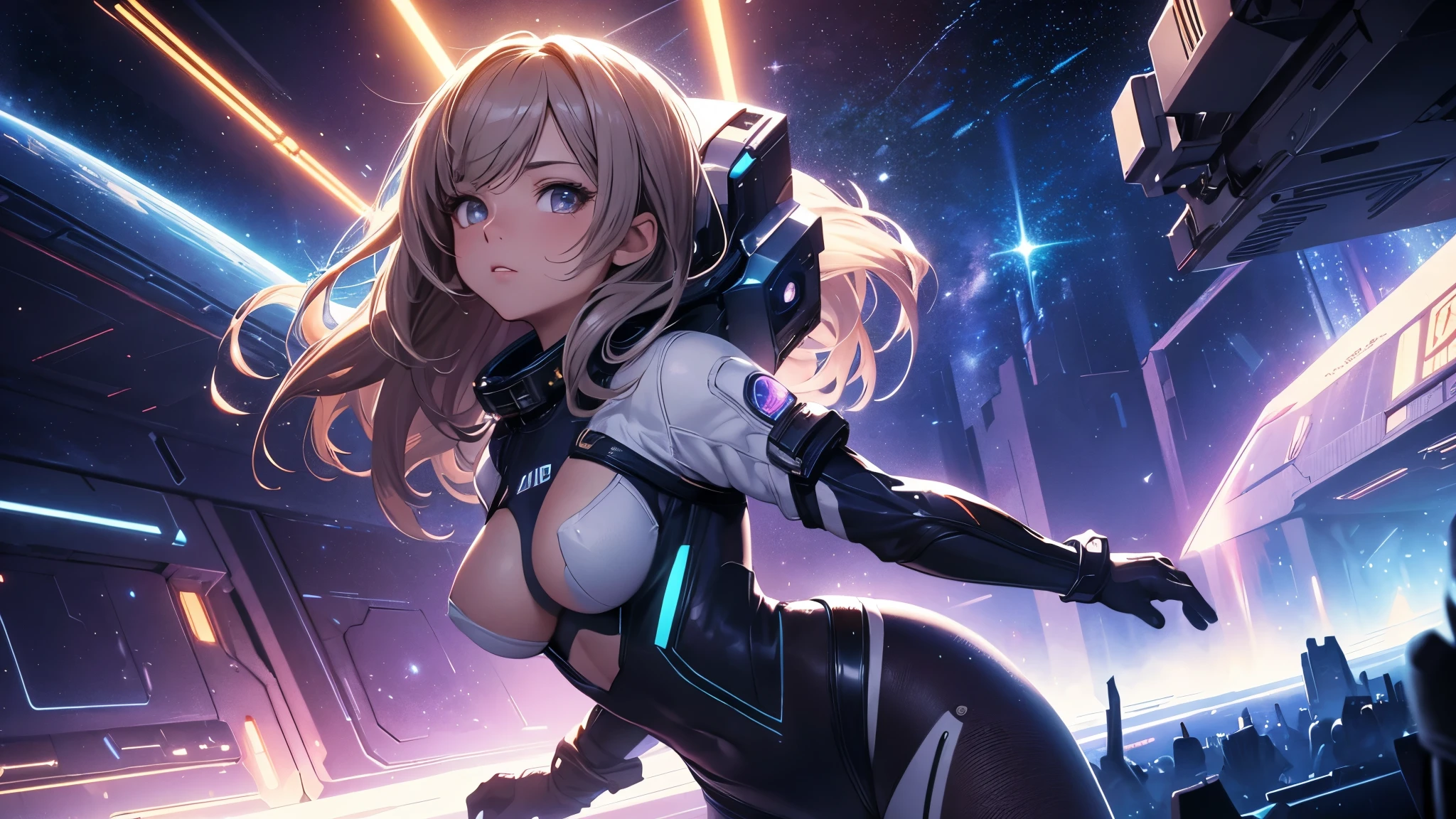 (masterpiece), best quality, highly detailed, detailed background, cinematic lighting, space, 1girl, medium hair, medium breasts, leotard, bare legs, gloves, light particles. glow, space suit, sparkling